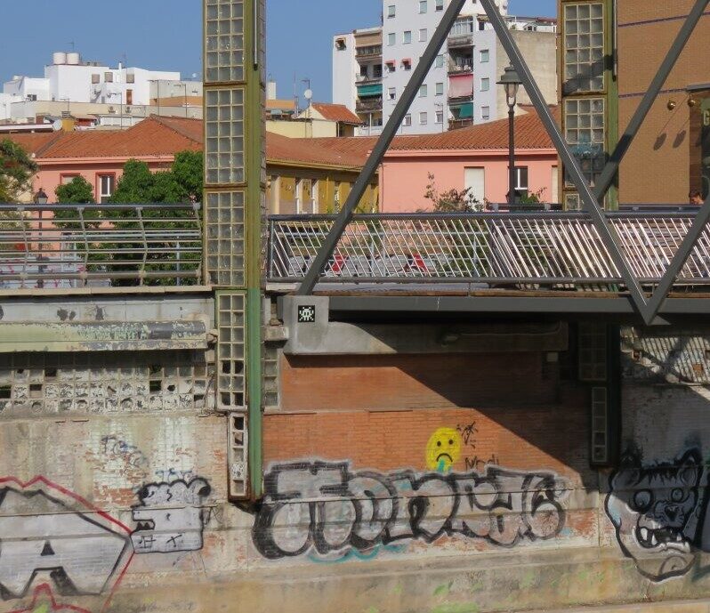 MLGA_14, Space Invader on Puente de la Trinidad — Street art by Invader in Málaga