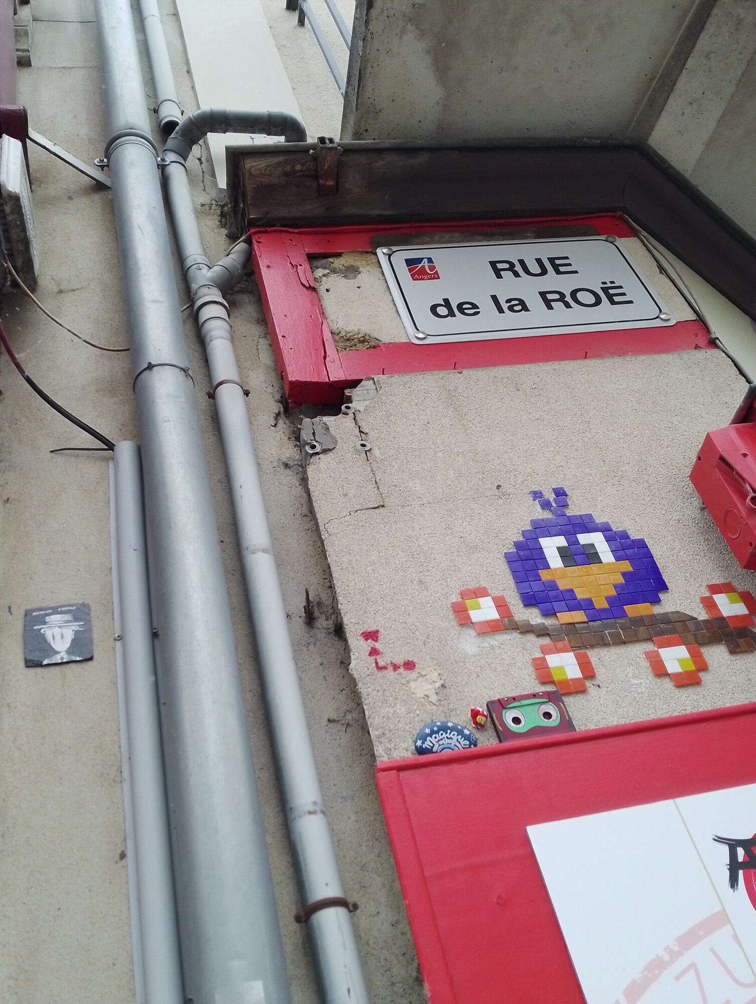 The Purple Pixel Bird on Rue de la Roë — Street art by Waldo in Angers