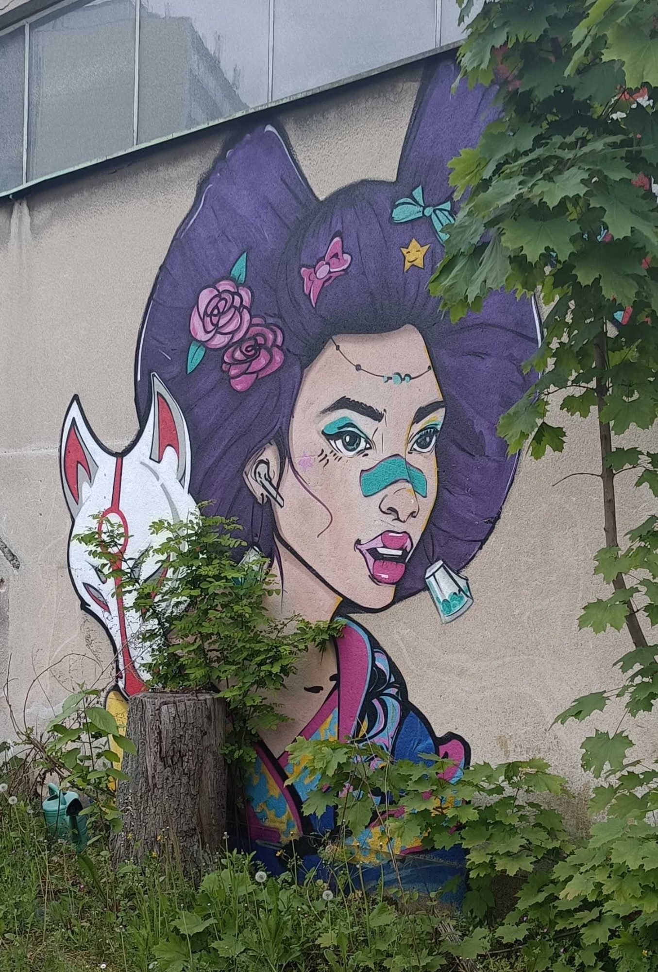 Portrait of Woman with Purple Hair and Fox Mask — Street art by Rivus in Prague