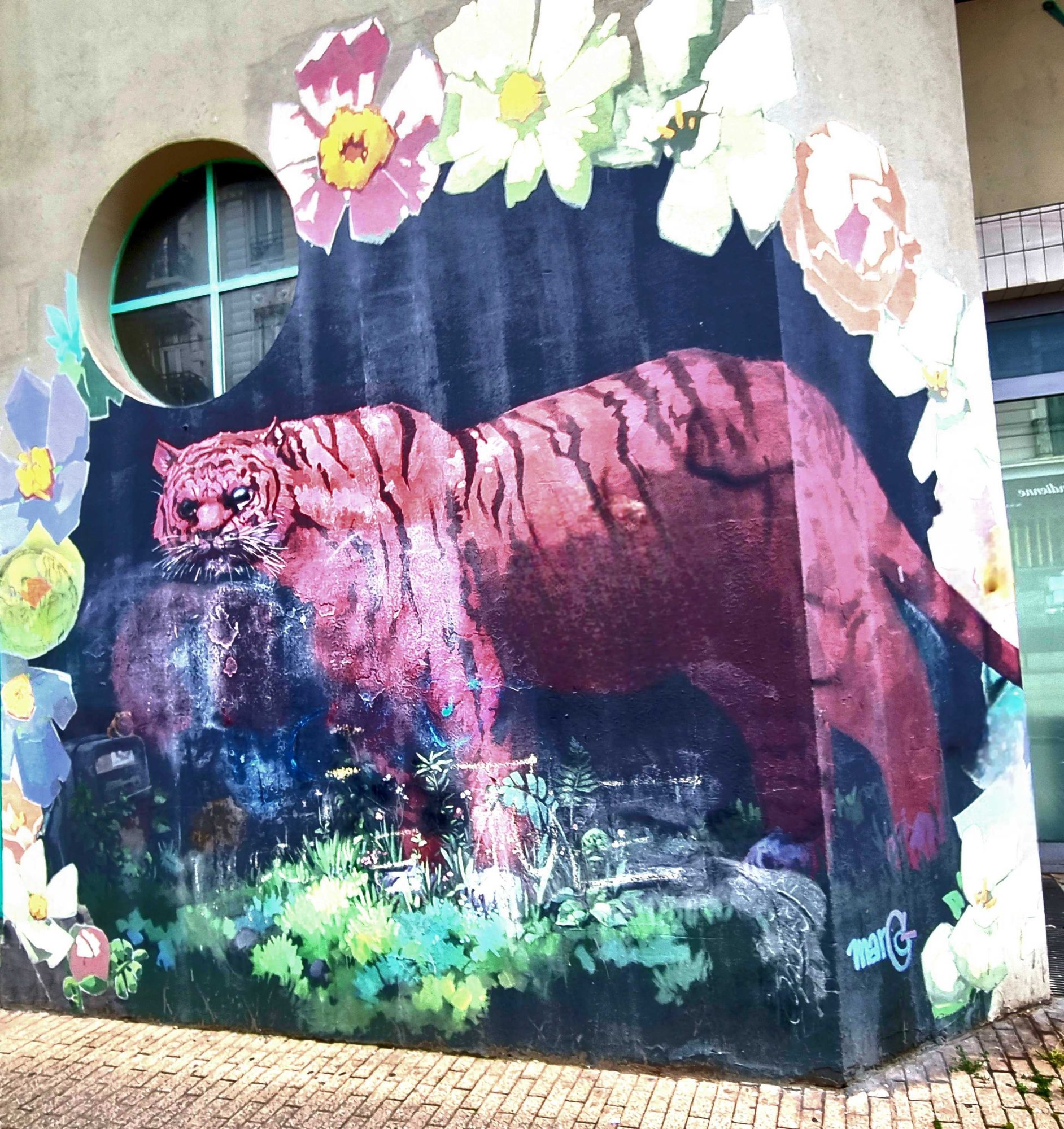 Pink Tiger Beneath the Flowers — Street art in Grenoble