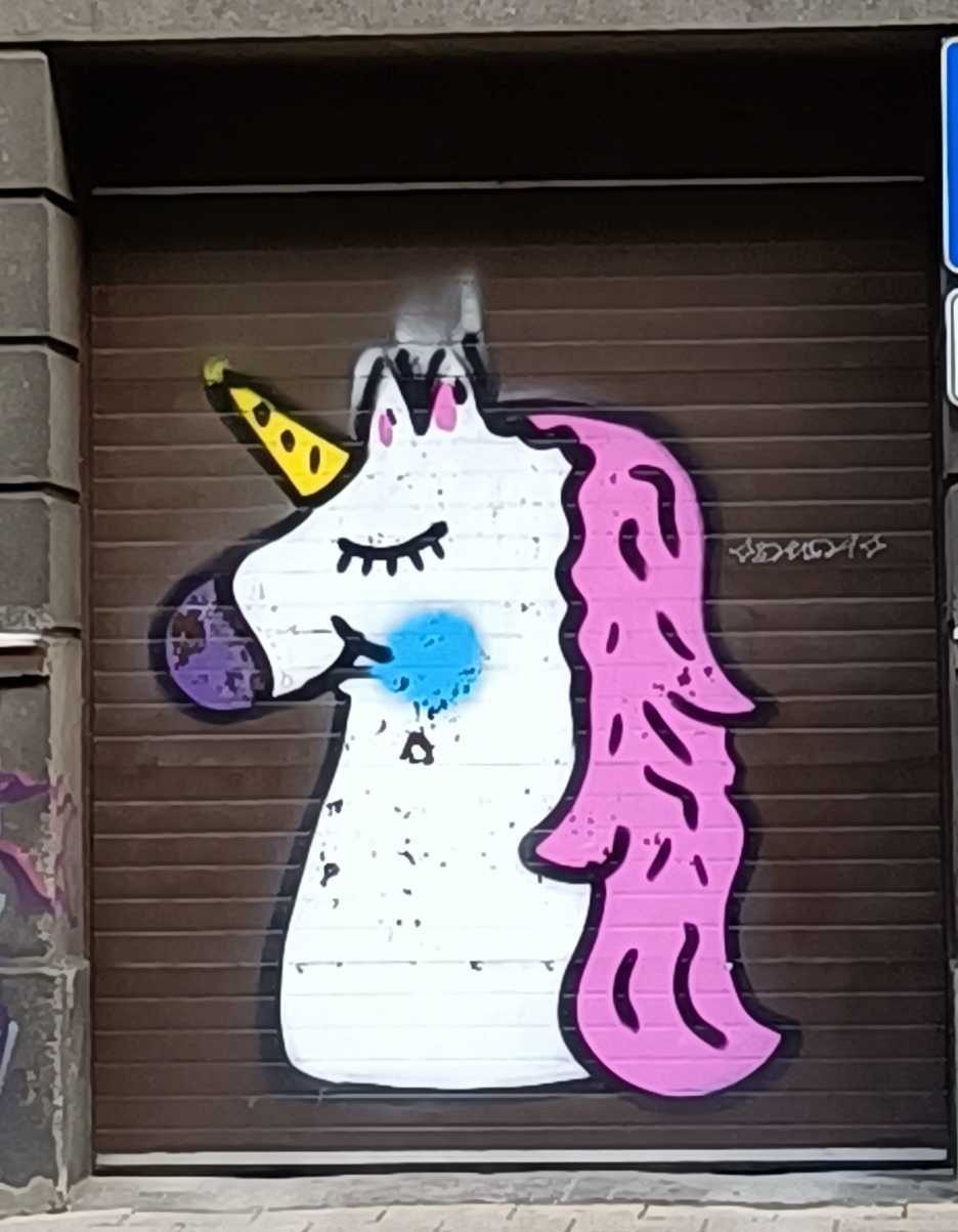 Unicorn Painting a Blue Cloud — Street art in Rīga