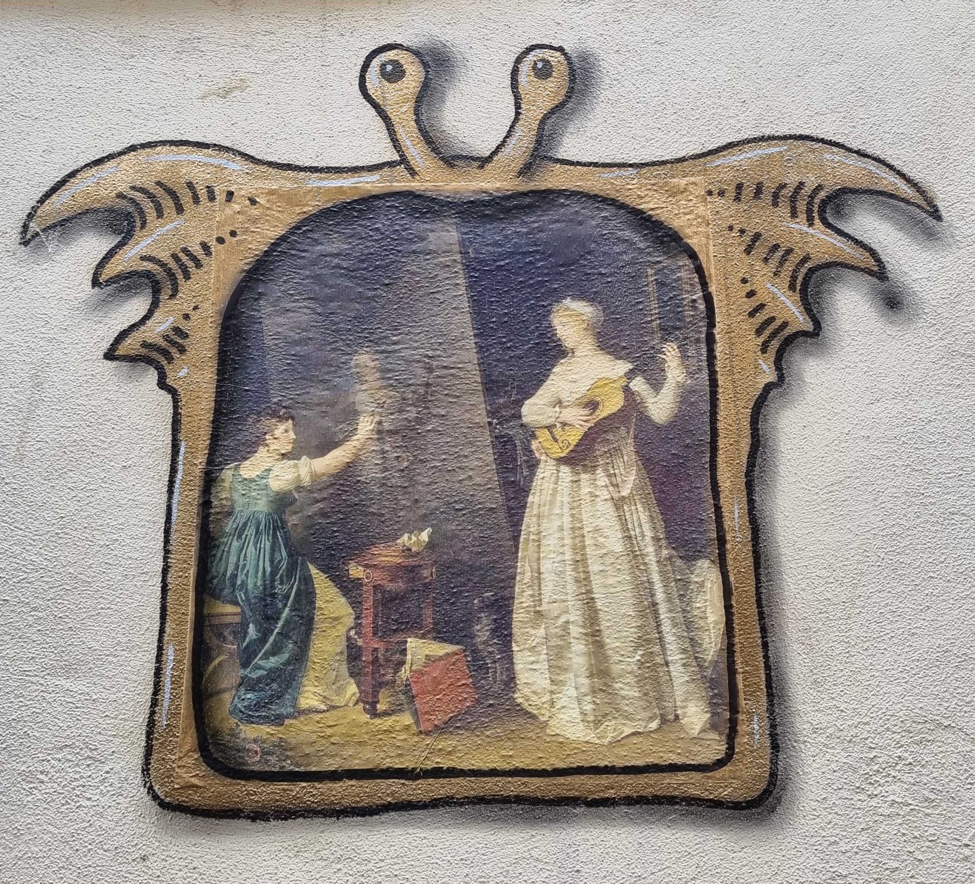 Winged Frame with Costumed Figures — Street art by Codex Urbanus in Clermont-Ferrand
