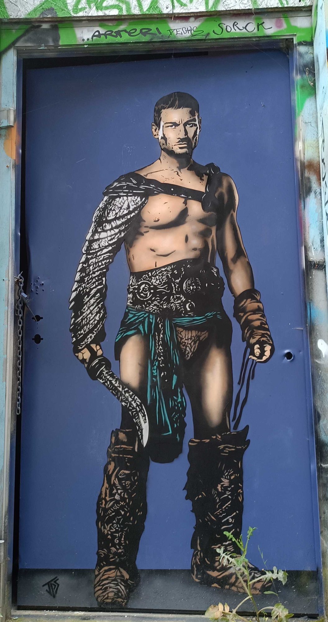 Standing Gladiator, Trompe-l'Oeil on Door — Street art by JPS in Berlin