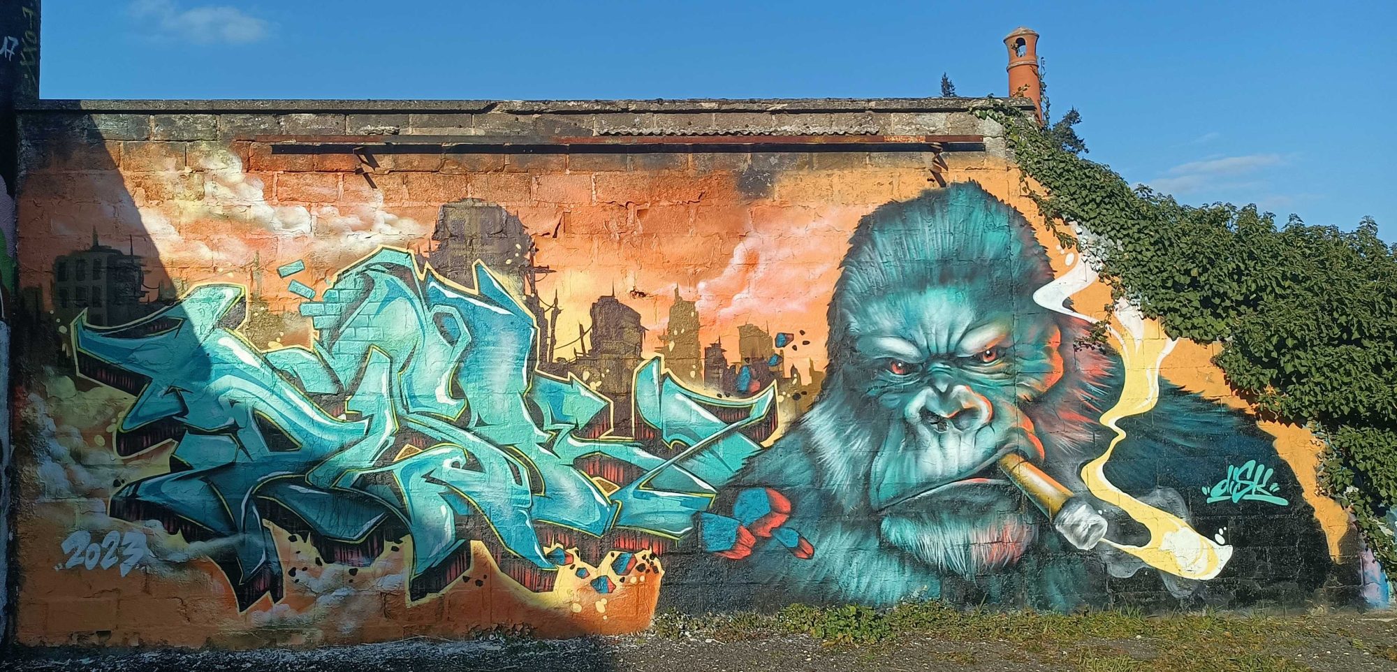 Le gorille au cigare et le lettrage turquoise — Street art à Bourges