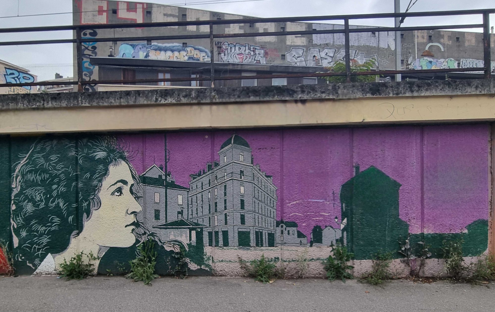 Profile and Building on Purple — Street art in Grenoble
