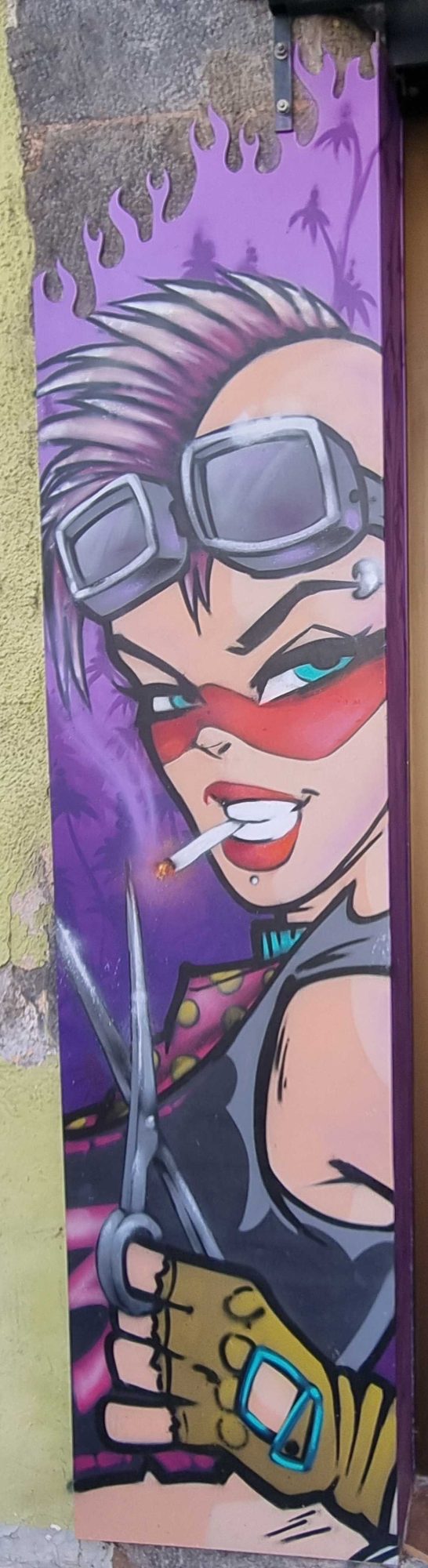 Purple-Haired Woman with Black-Red Mask Portrait — Street art in Vizille