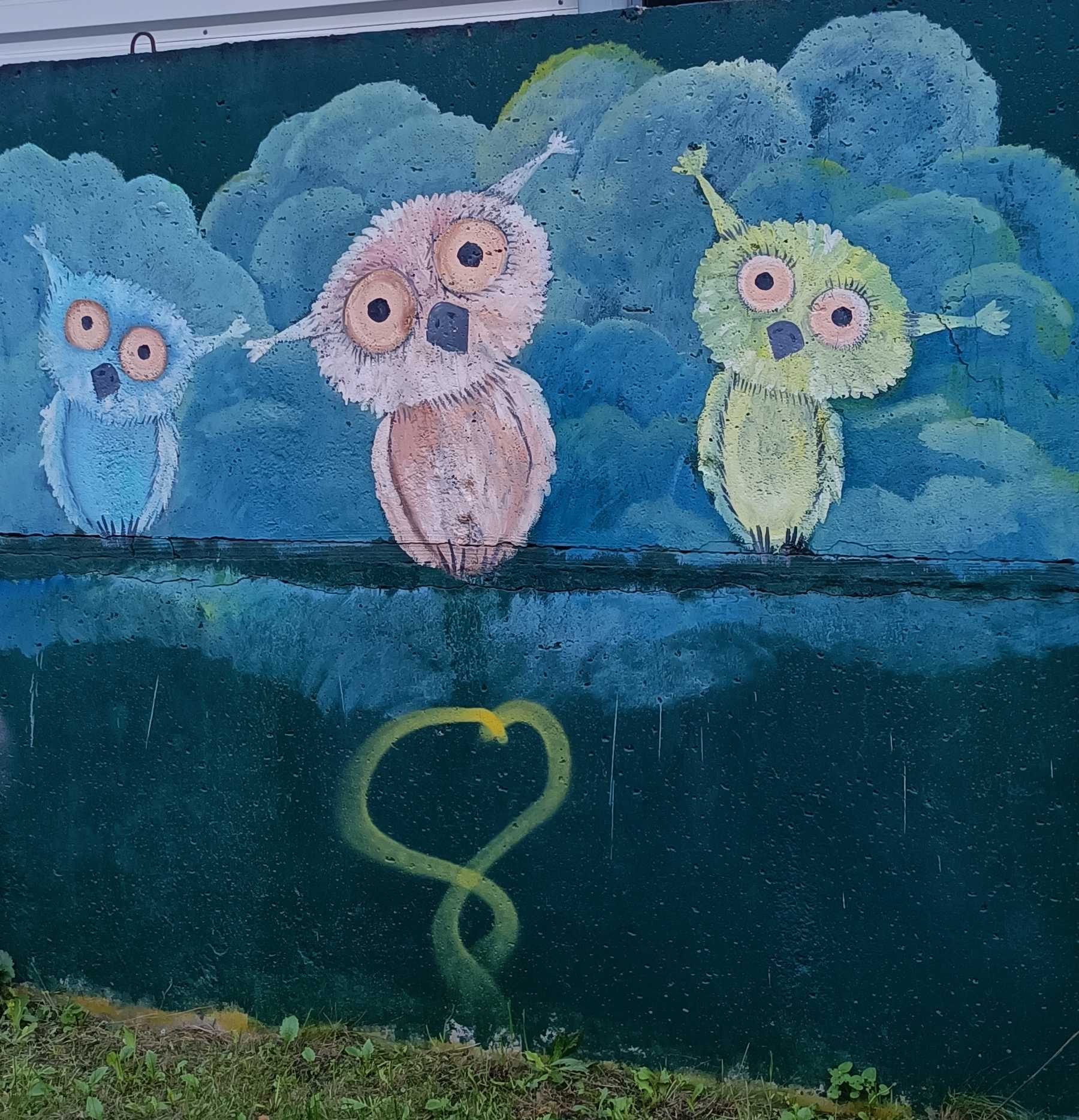 Three Owls against the Clouds — Street art in Berlin
