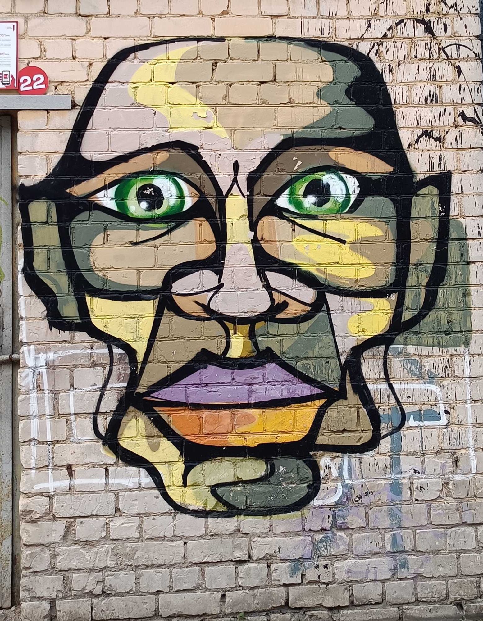 Camouflage Face with Green Eyes — Street art in Vilnius