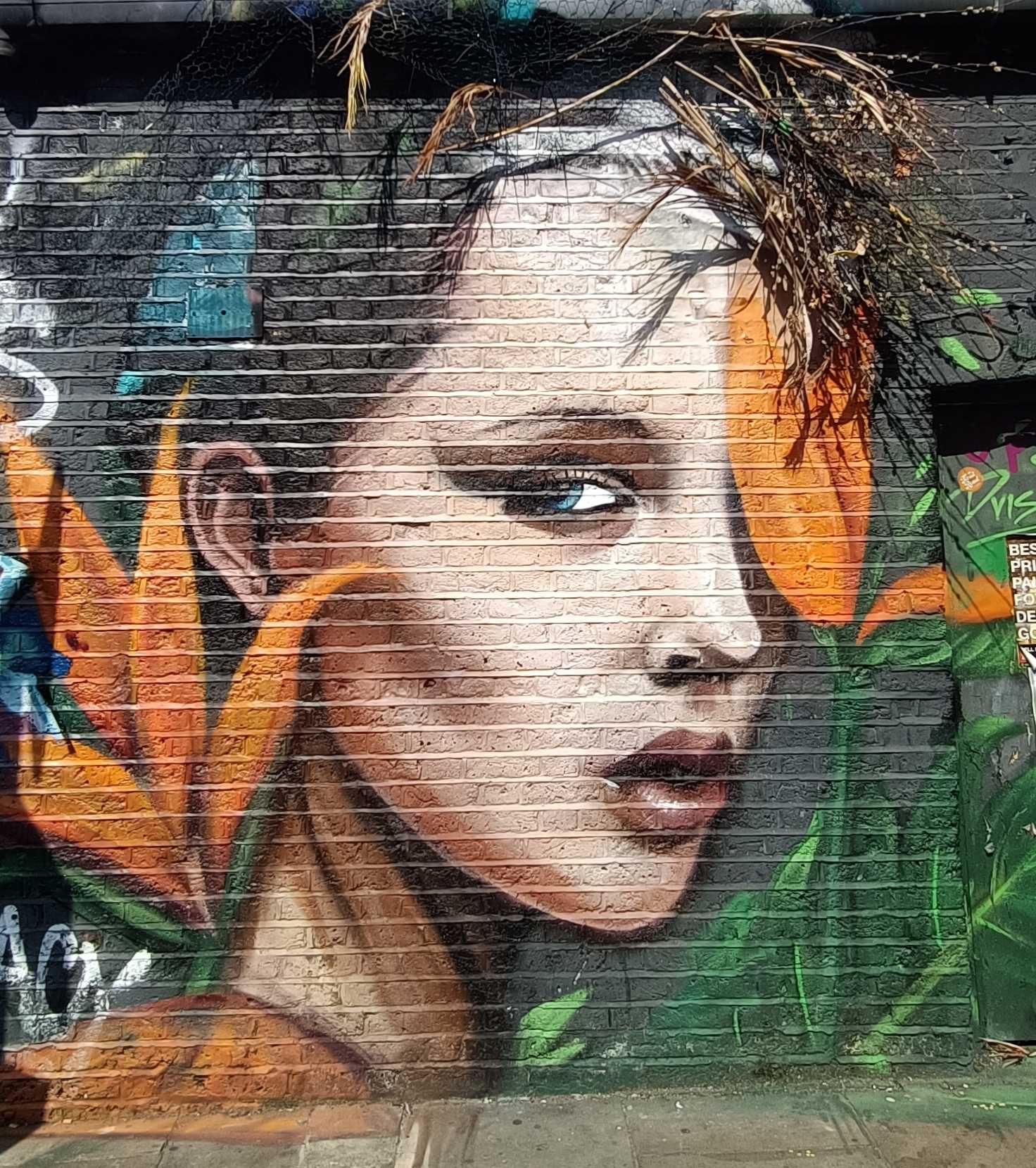 Portrait féminin fleurs tropicales — Street art à London