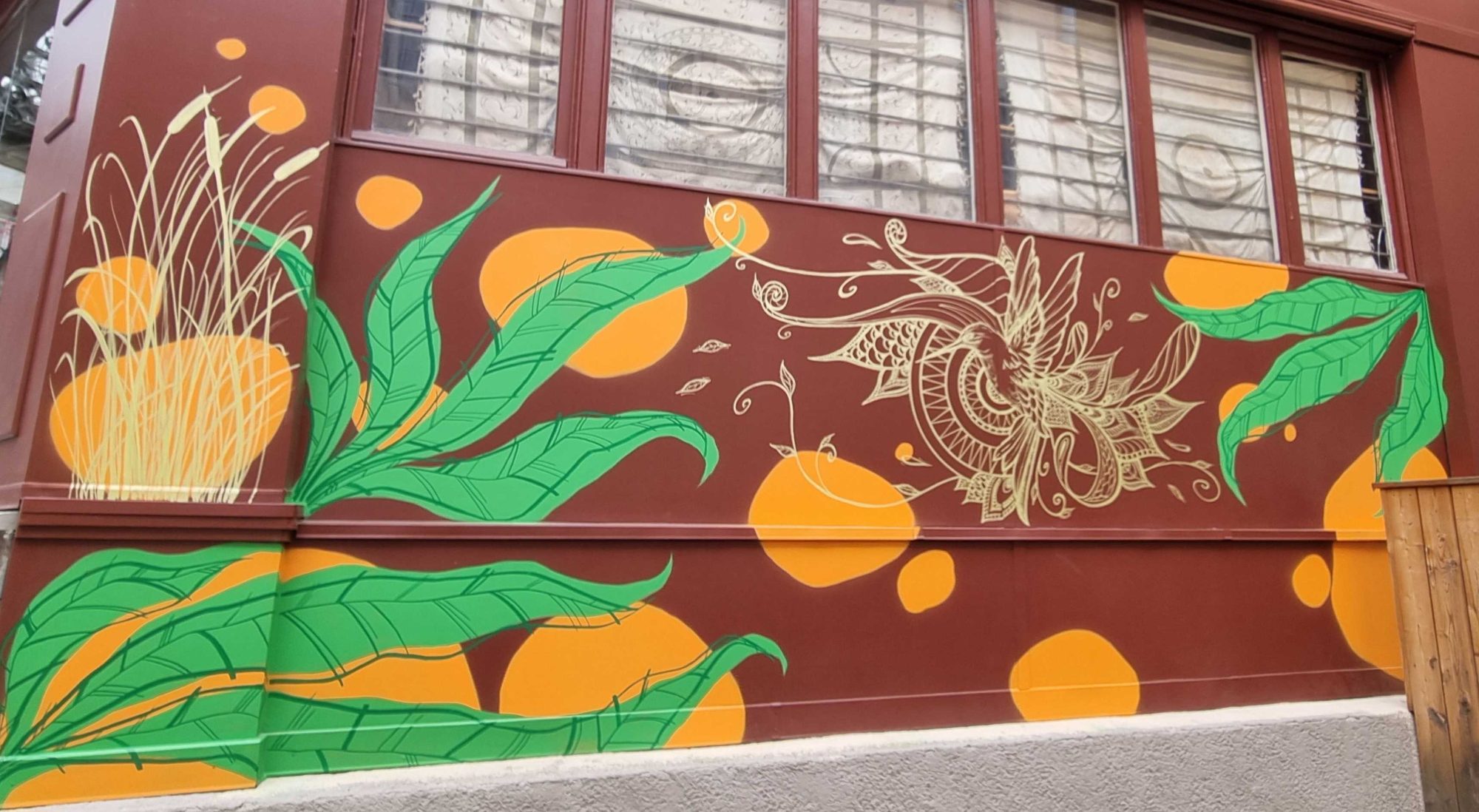 Tropical Foliage and Golden Bird — Street art in Clermont-Ferrand