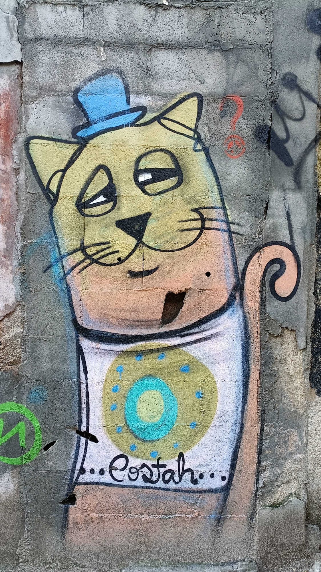 Chat cool au chapeau bleu par Costah — Street art à Porto