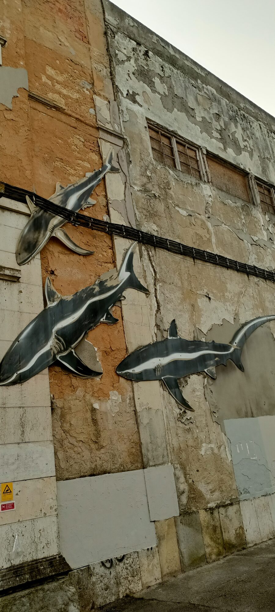 Trois requins sur la façade désaffectée — Street art à Lisboa