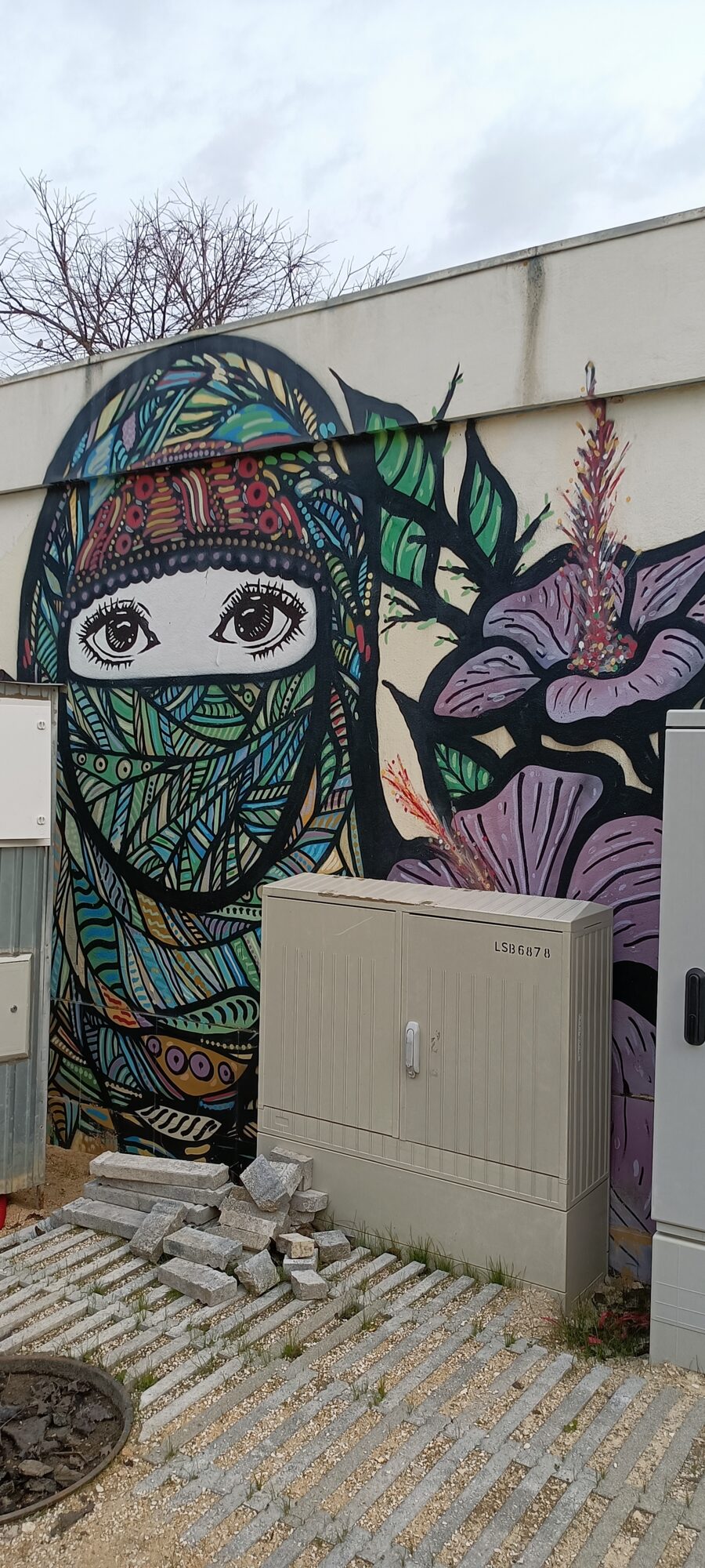 Face in a Patterned Headscarf with a Red Flower — Street art in Lisboa