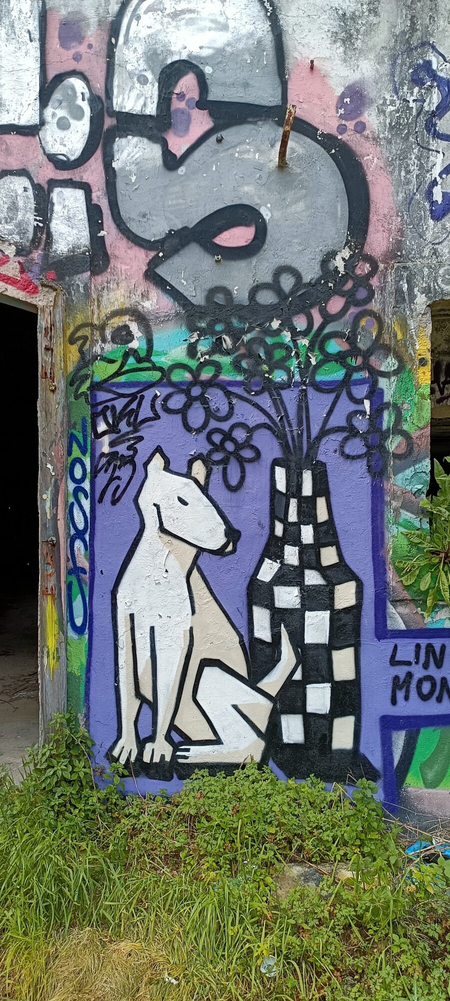 Bull terrier blanc et vase à damier — Street art à Lisboa