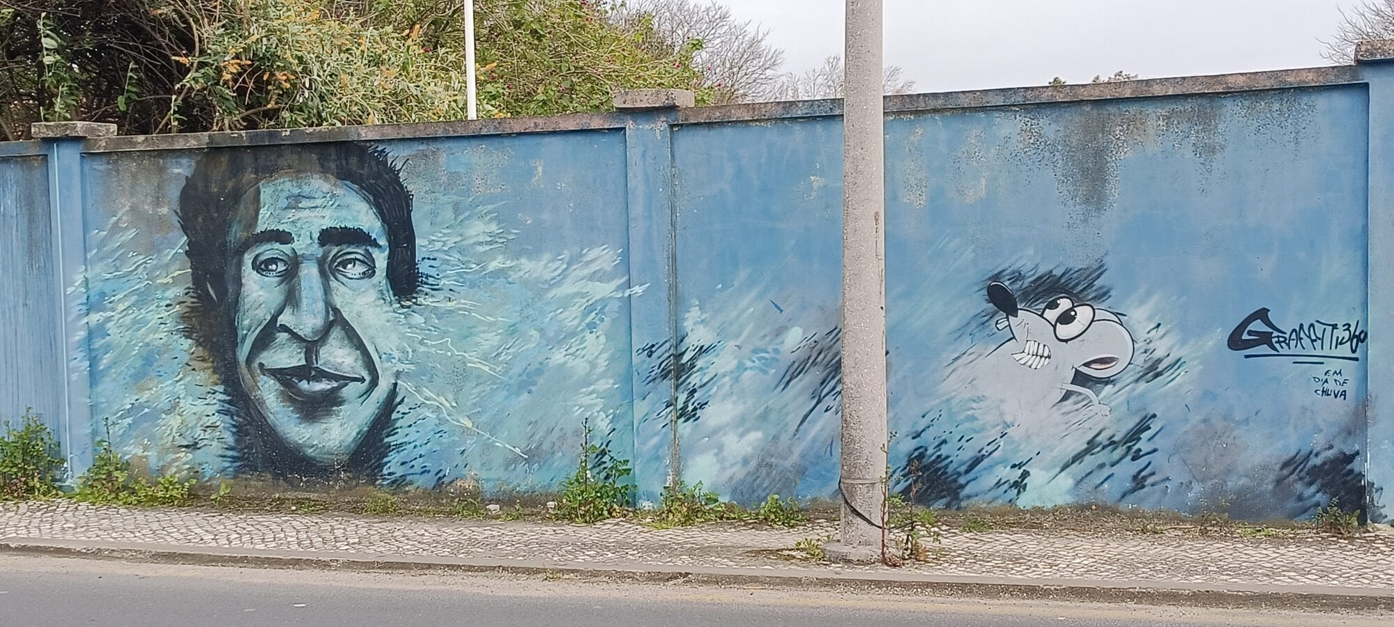 Caricature bleue et poisson en jour de pluie — Street art à Lisboa