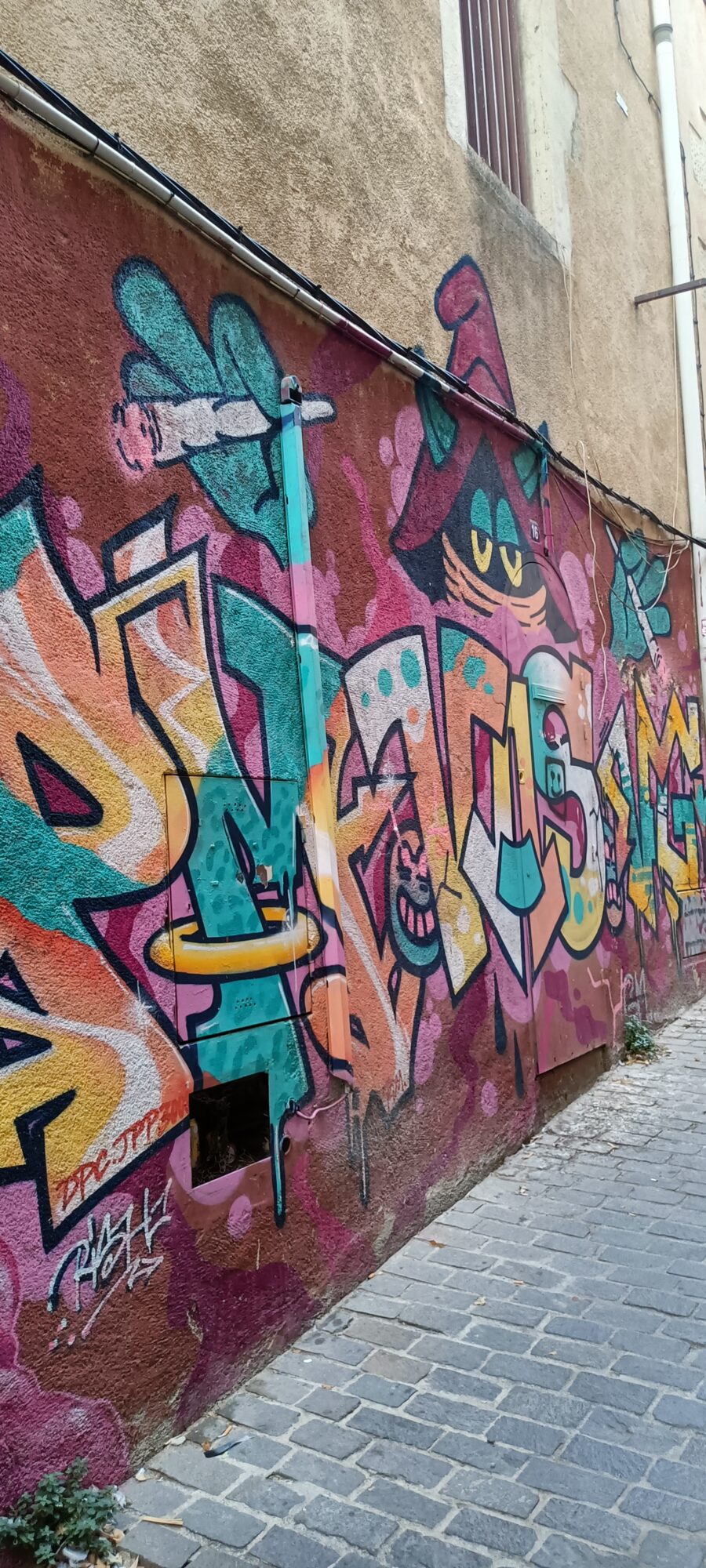 Multicoloured lettering and watching cat — Street art in Marseille