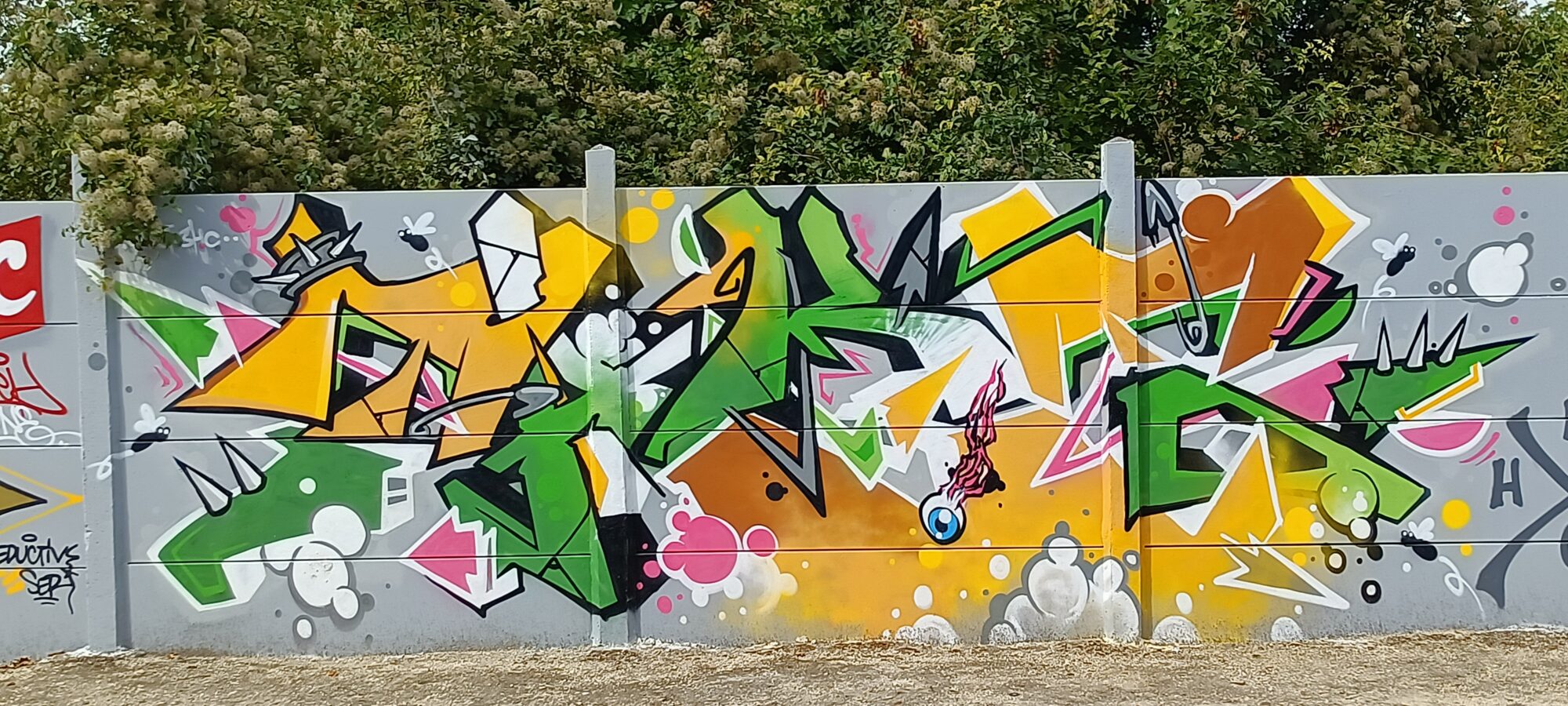 Lettrage vert et jaune à l'œil unique — Street art à Reims