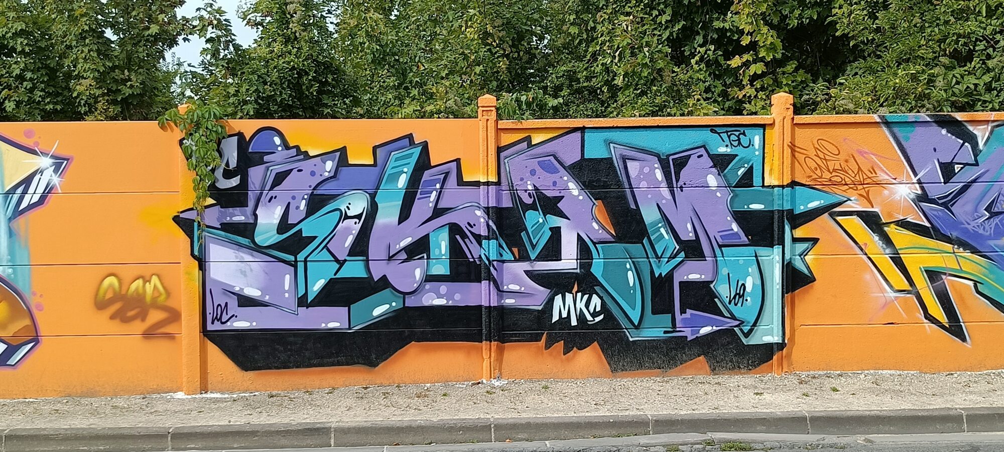 Lettrage lavande et turquoise par MKO — Street art à Reims