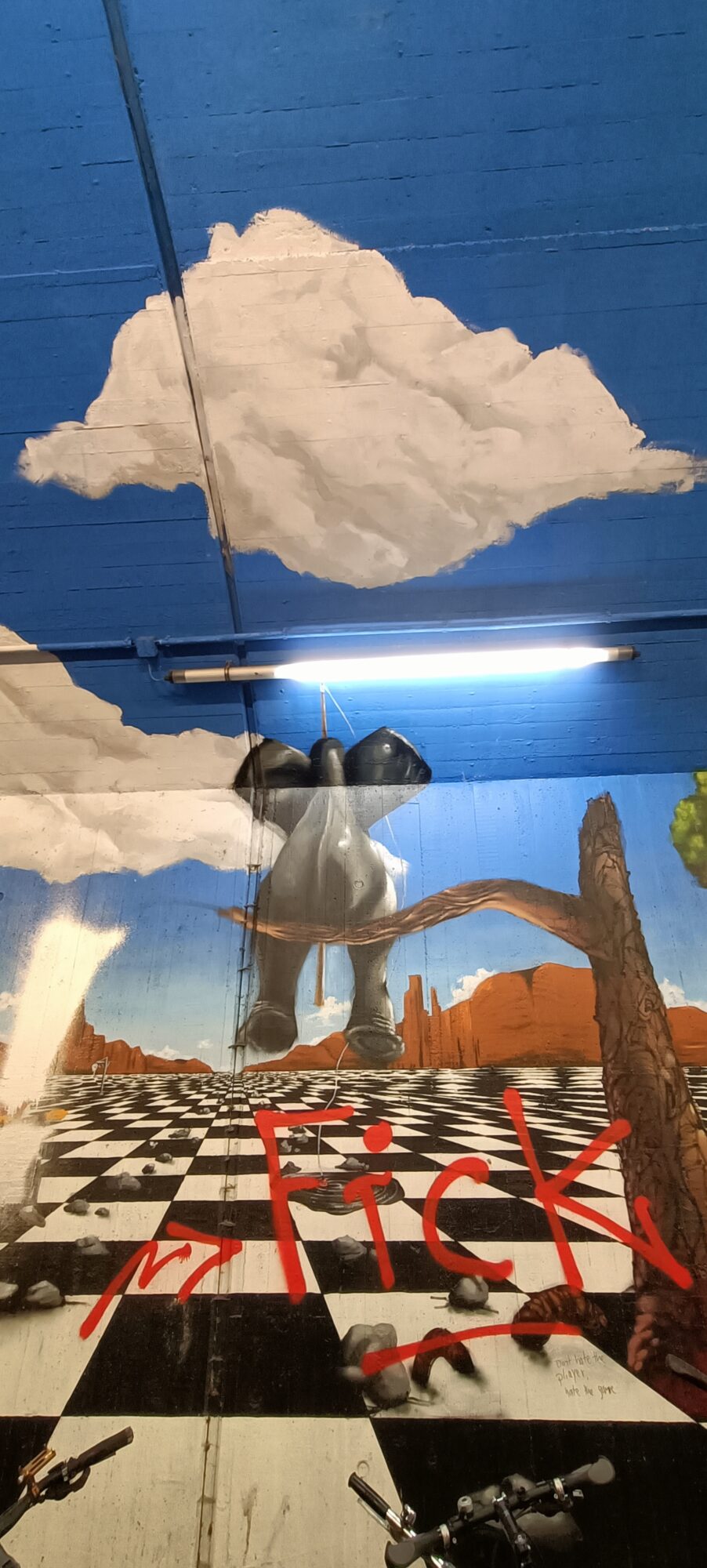 Elephant on a checkerboard, Ehrenfeld tunnel — Street art by Goodlack Art in Köln