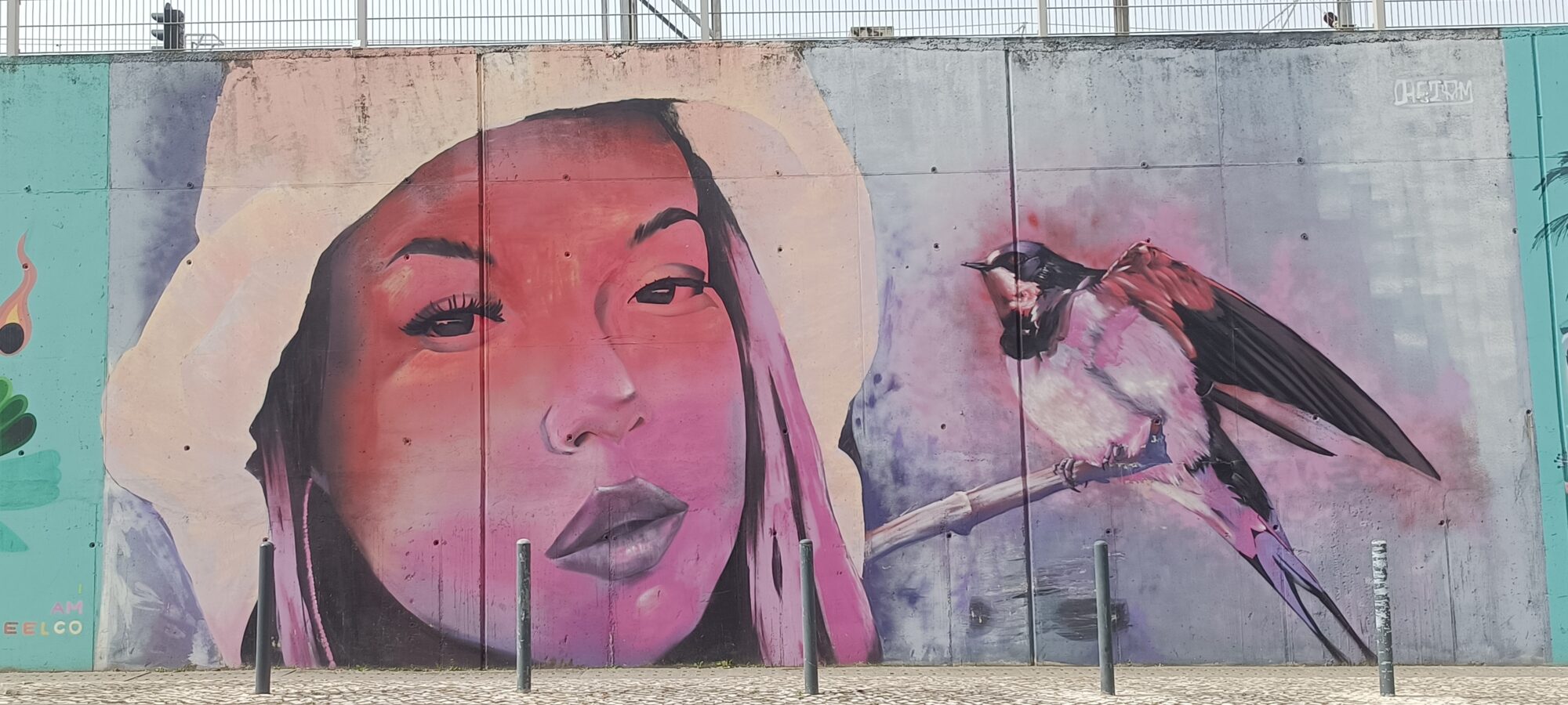 Visage rose et hirondelle sur la branche — Street art de MS Ketam à Lisboa