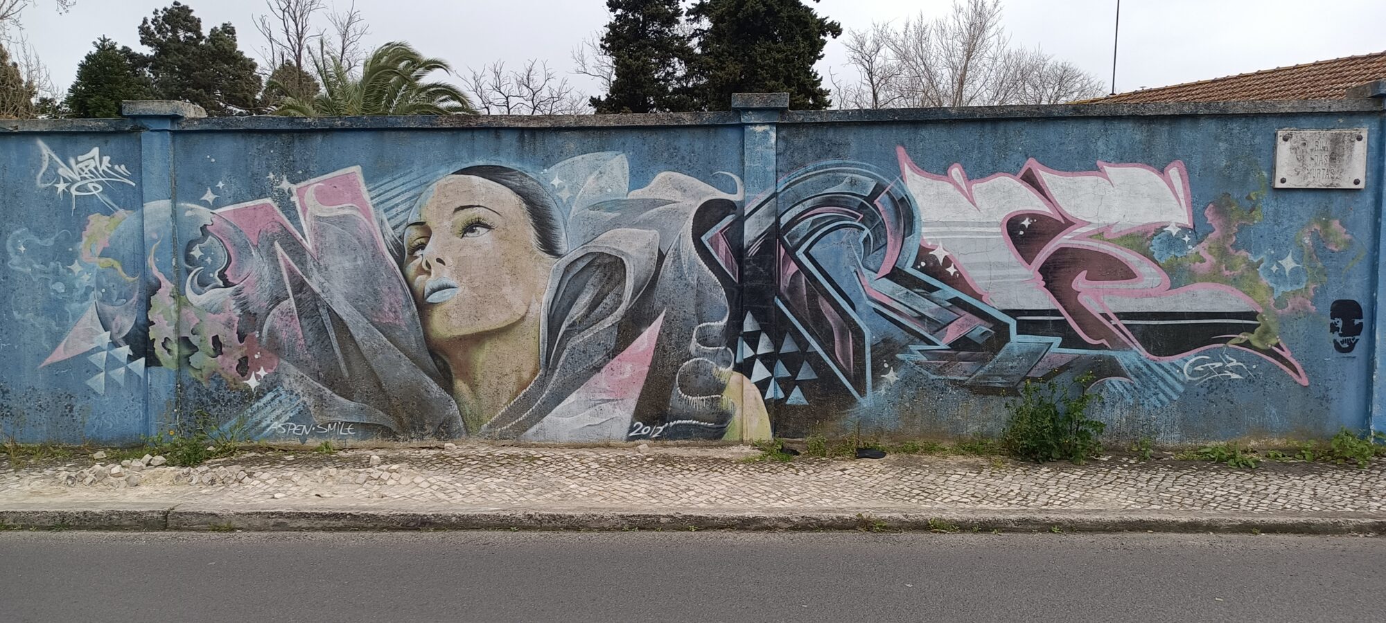 Visage éclaté et lettrage argenté — Street art à Lisboa