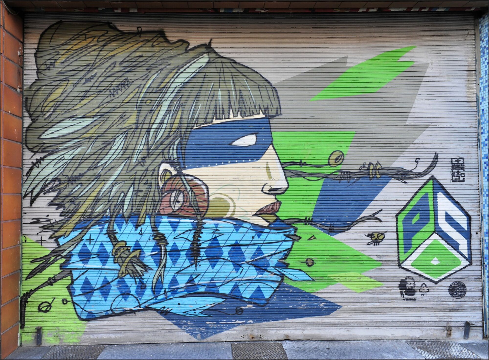 Masked face on a metal shutter — Street art by Psoman in Liège