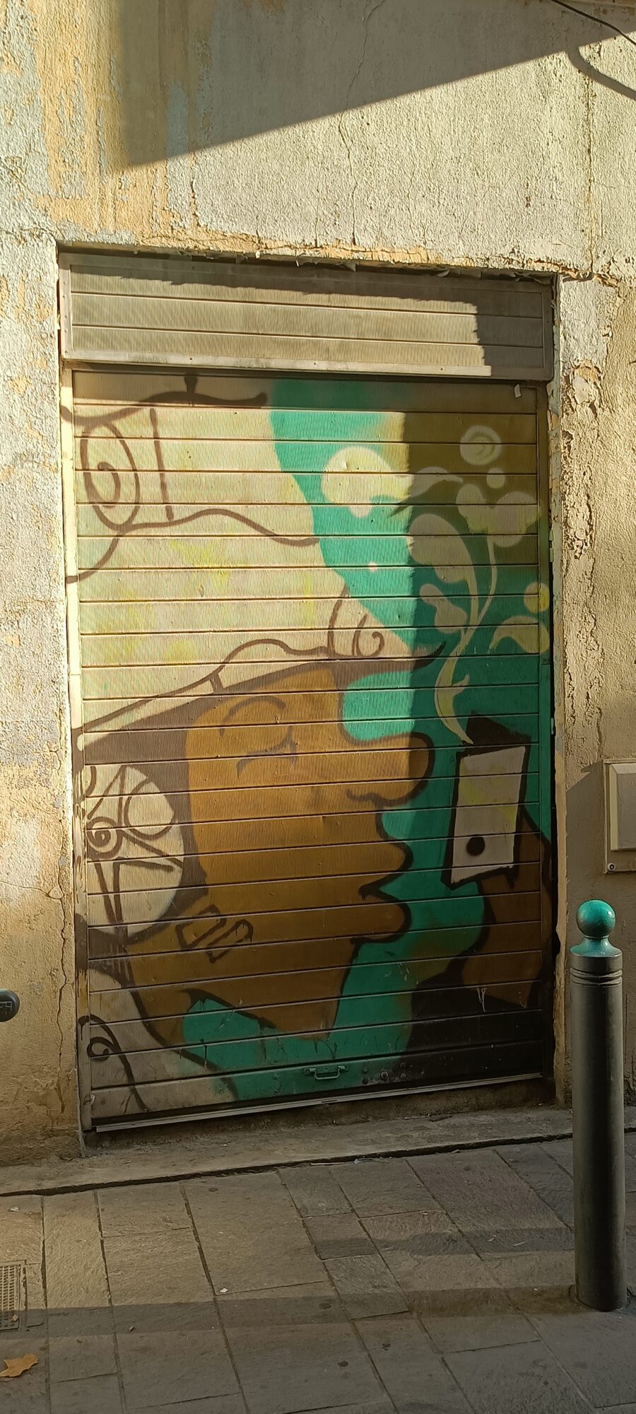 Brown and Green Scrolls on a Shutter — Street art in Marseille