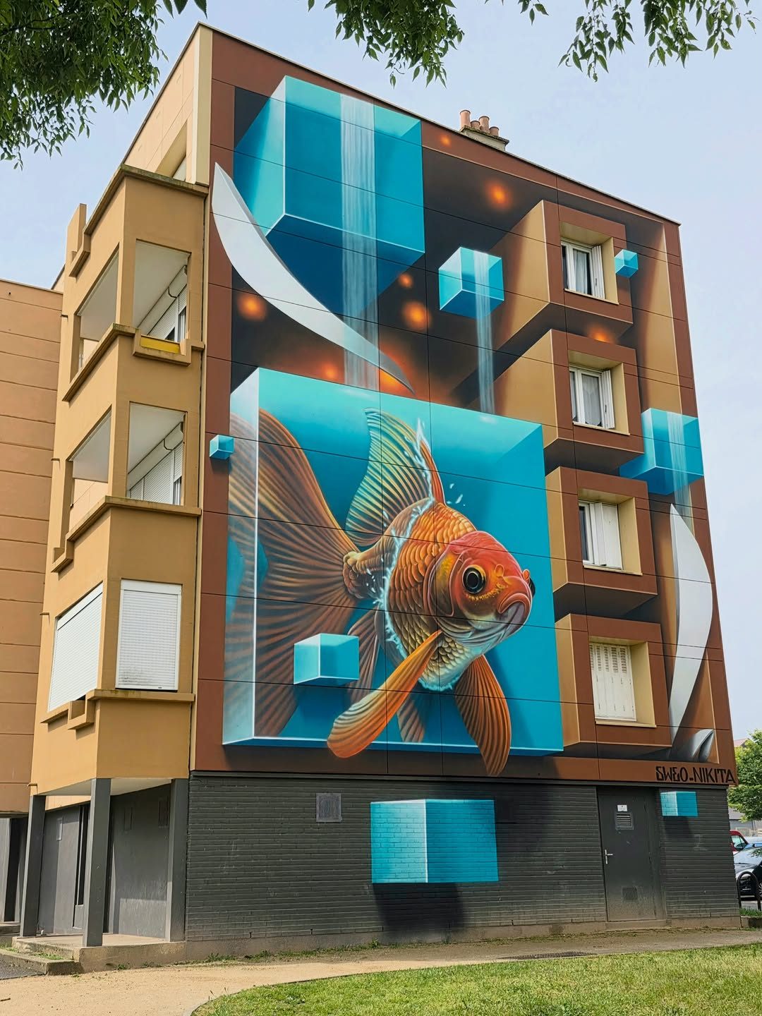 Hors cadre, poisson rouge en 3D — Street art de Sweo, Nikita à Le Mans