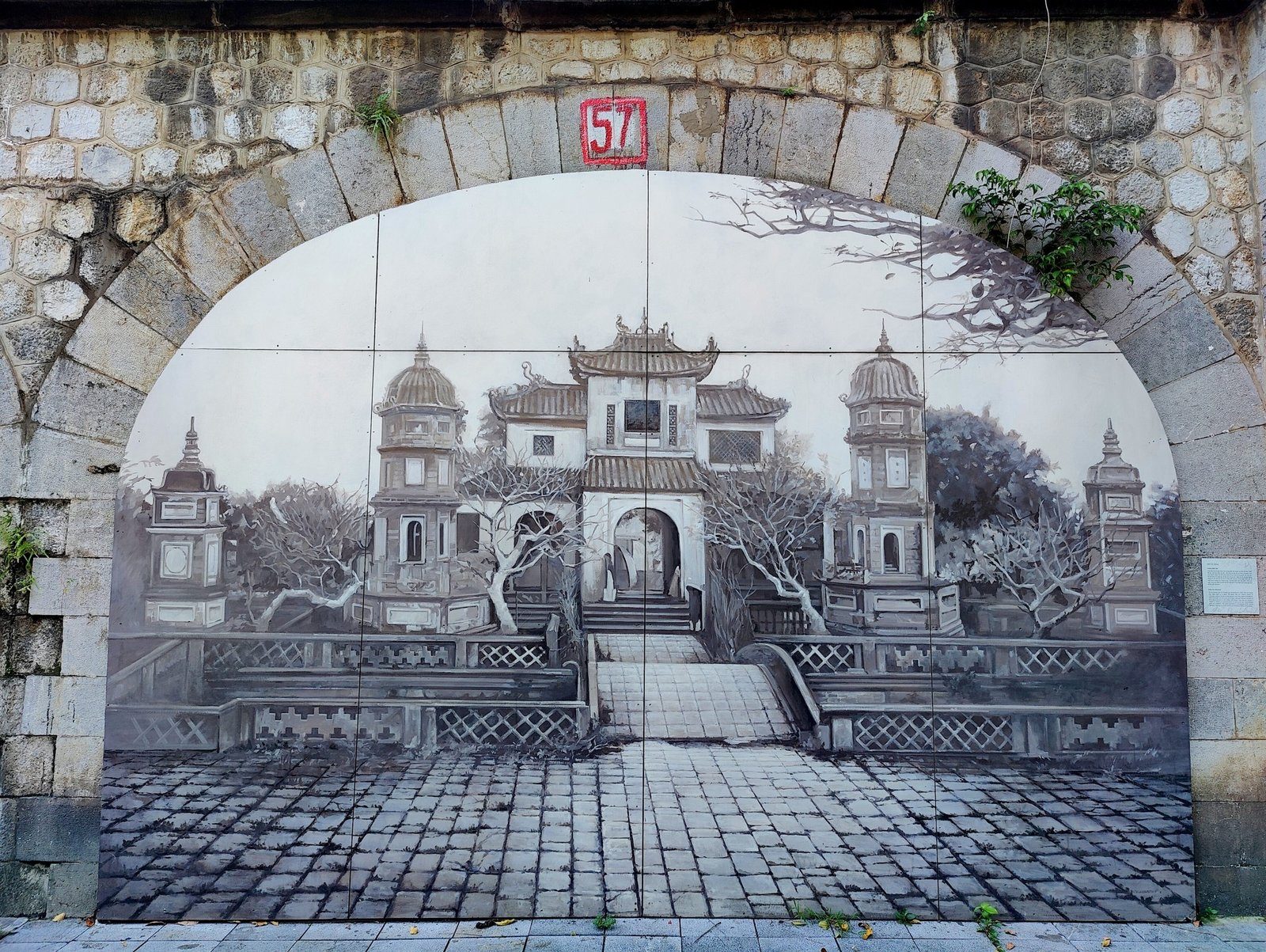 Temple Gate Under the Viaduct — Street art by Nguyen The Son in Hanoi