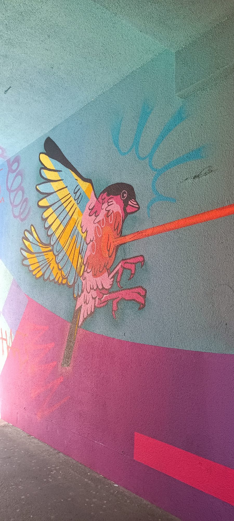 Pink Finch of the Passage — Street art in Berlin