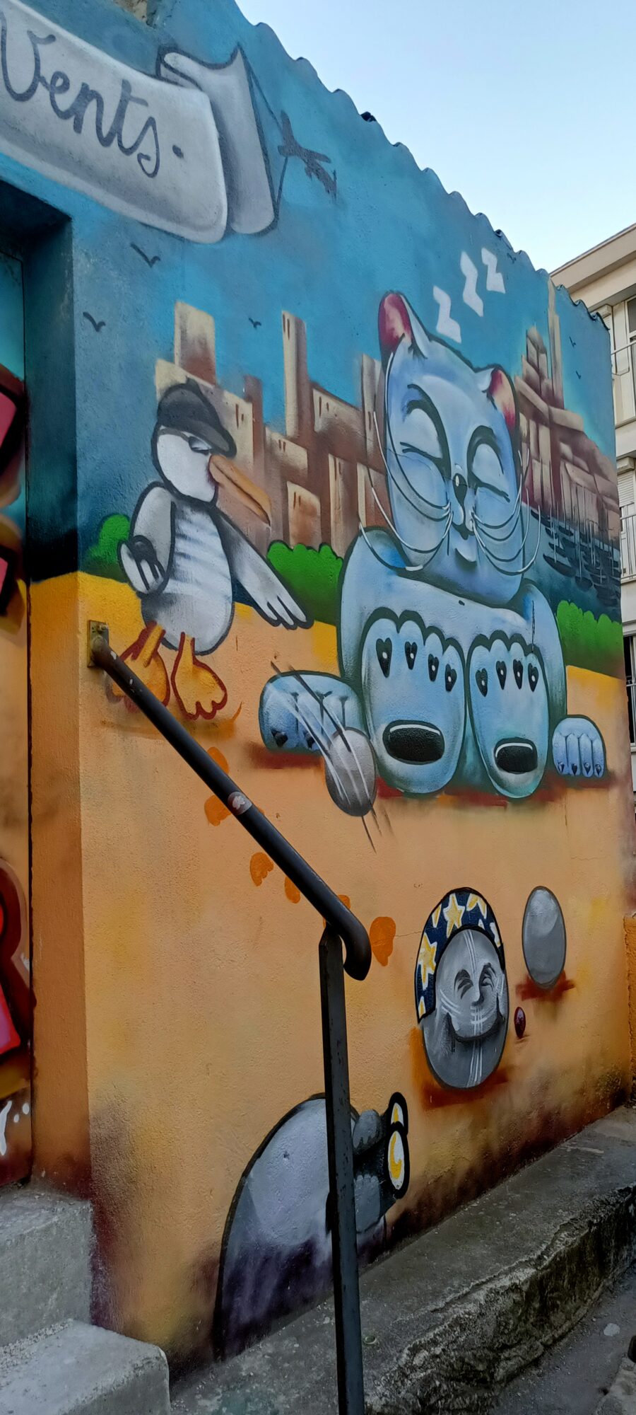 Sleeping Cat and Capped Seagull — Street art in Marseille