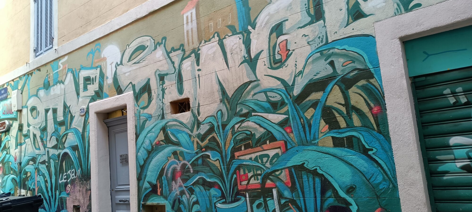 Lettrage blanc dans les agaves, rue Baussenque — Street art à Marseille