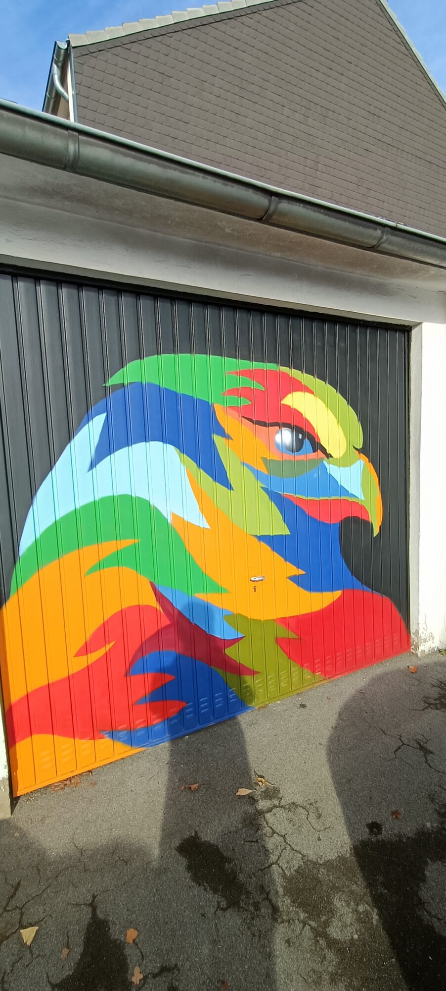 Colour-blocked eagle head — Street art in Erkrath