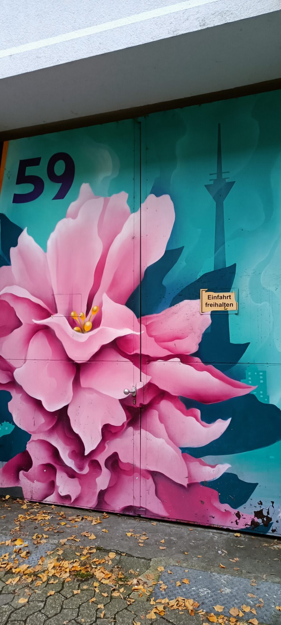 Pink flower and Rheinturm on door 59 — Street art in Düsseldorf