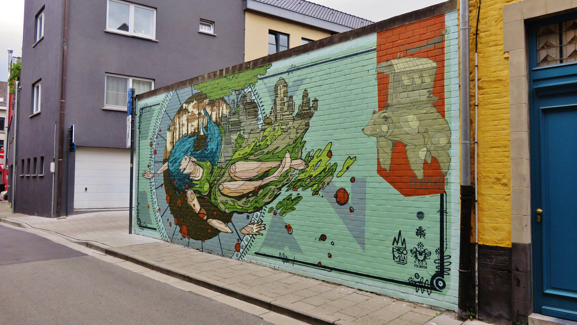 Le plongeur et l'ours à la cage — Street art de Psoman à Gent