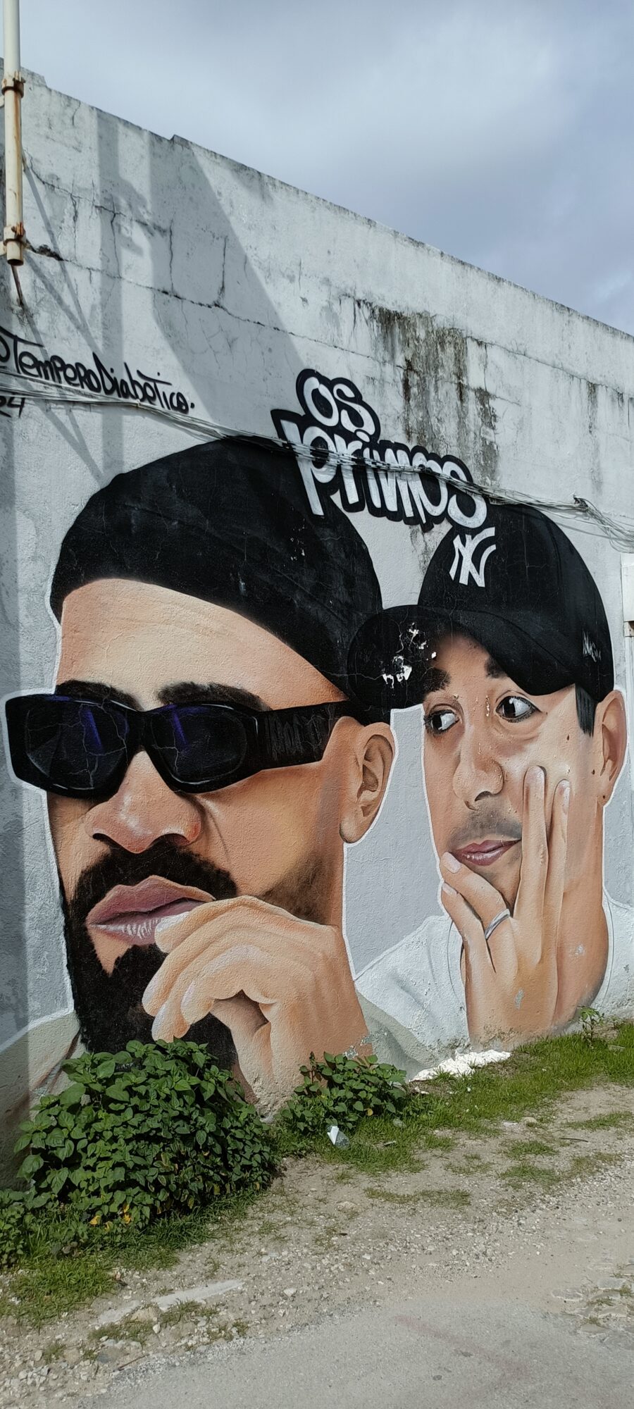 Os Primos, Double Portrait with Caps — Street art by Tempero Diabetico in Almada