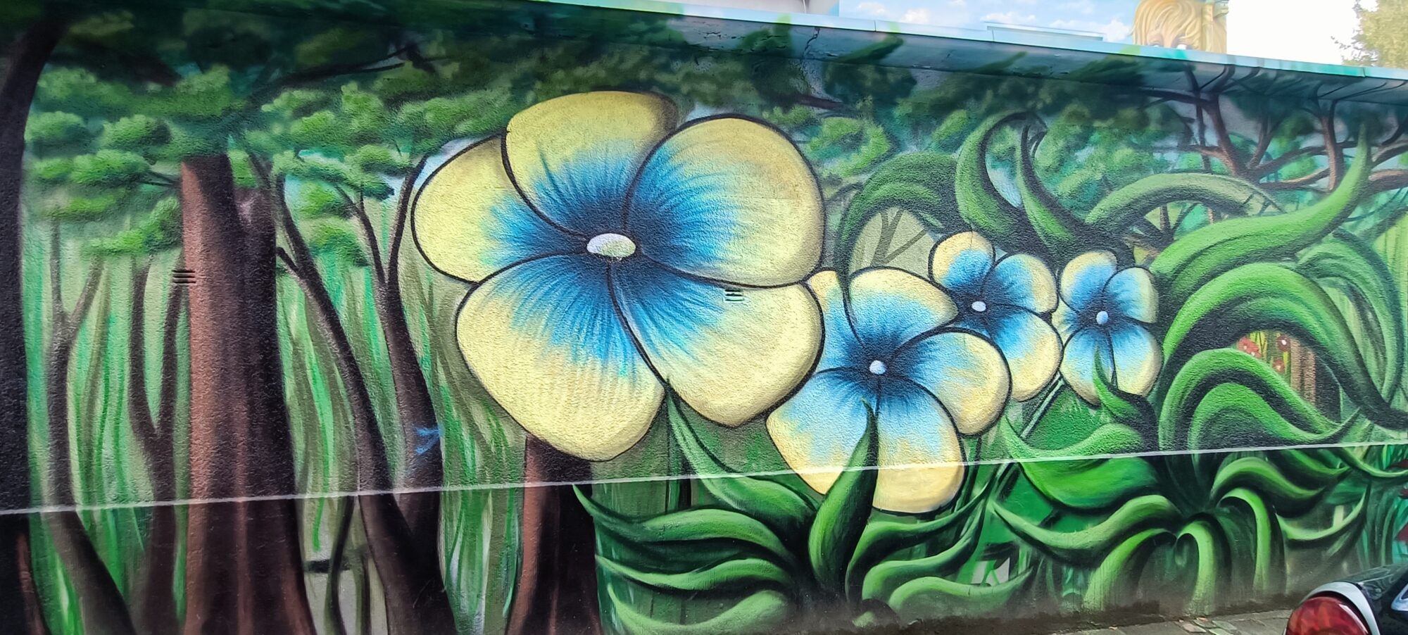 Grandes fleurs jaunes à cœur bleu — Street art à Köln