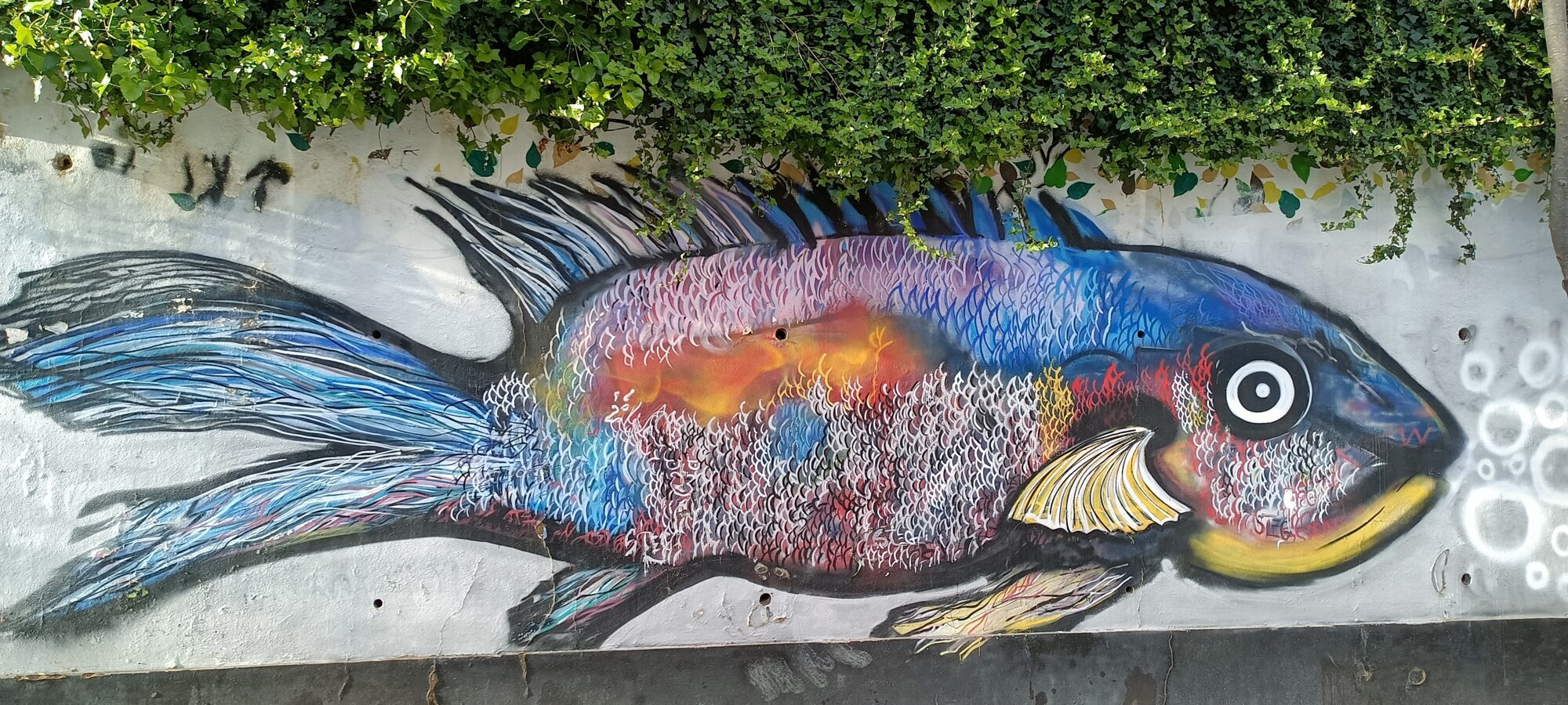 Grand poisson multicolore aux nageoires bleues — Street art à Lisboa