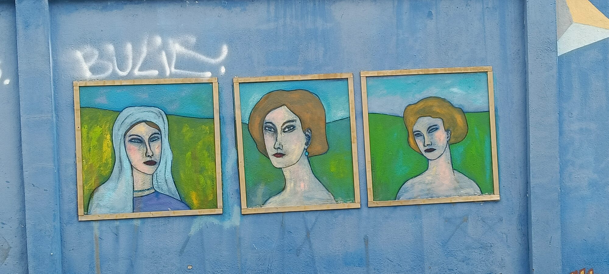 Triptych of framed female portraits — Street art in Lisboa