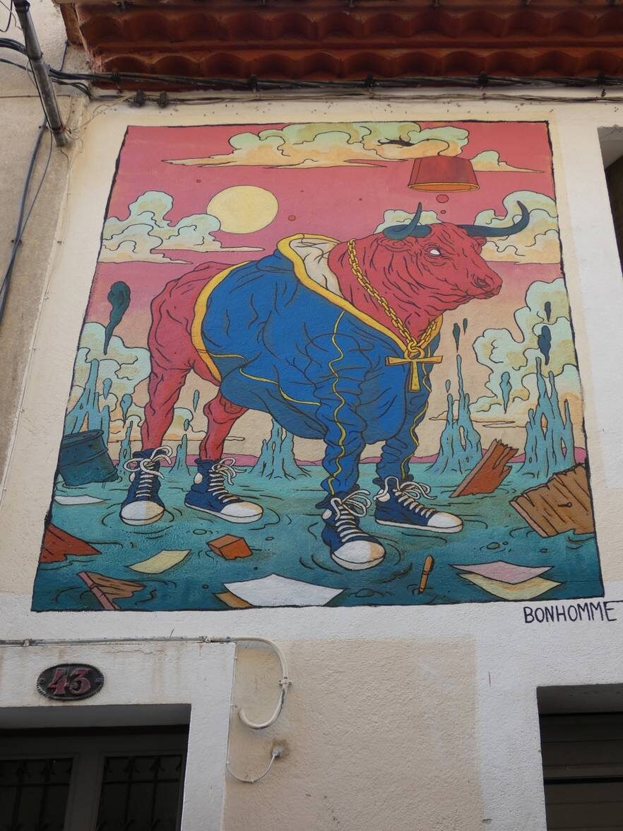 Bull in Sneakers — Street art by Olivier Bonhomme in Nîmes