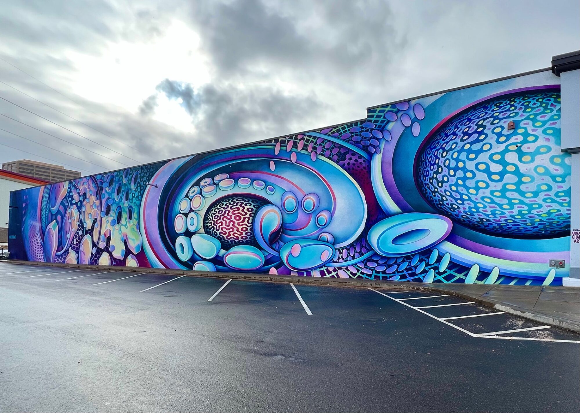 Blue Bubbles on Quincy Avenue — Street art by Anna Charney in Denver