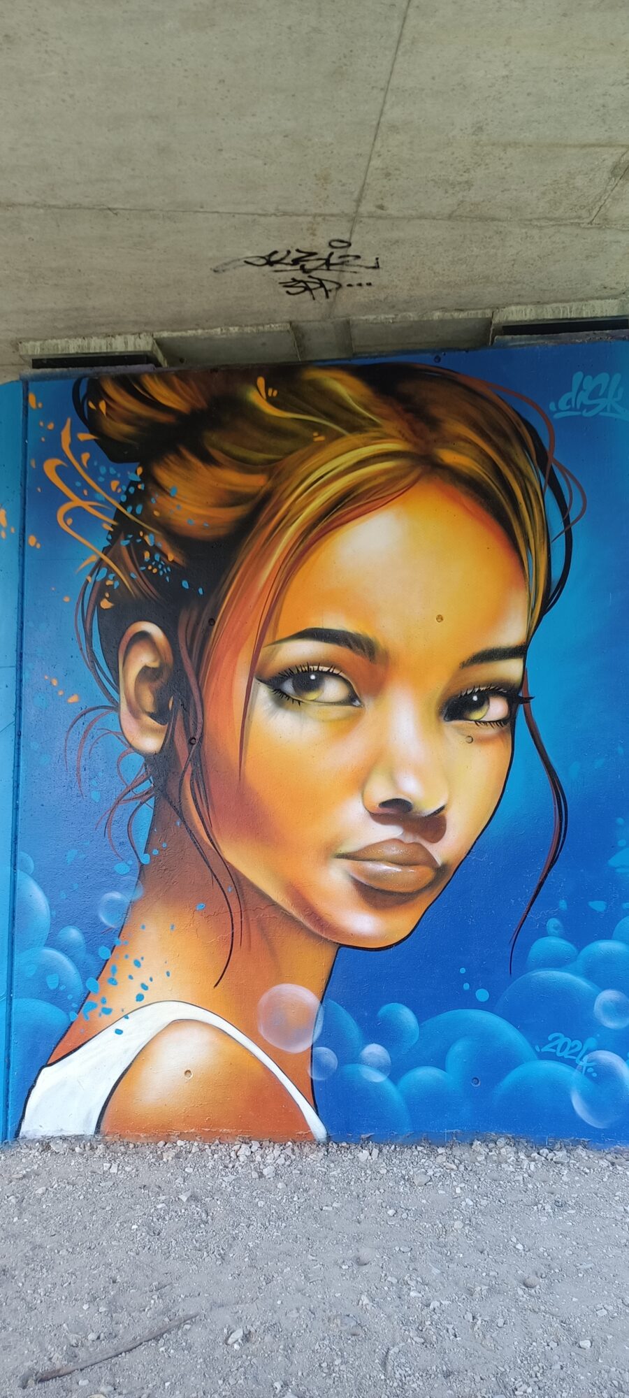 Portrait de femme aux bulles bleues — Street art de Disk à Bourges