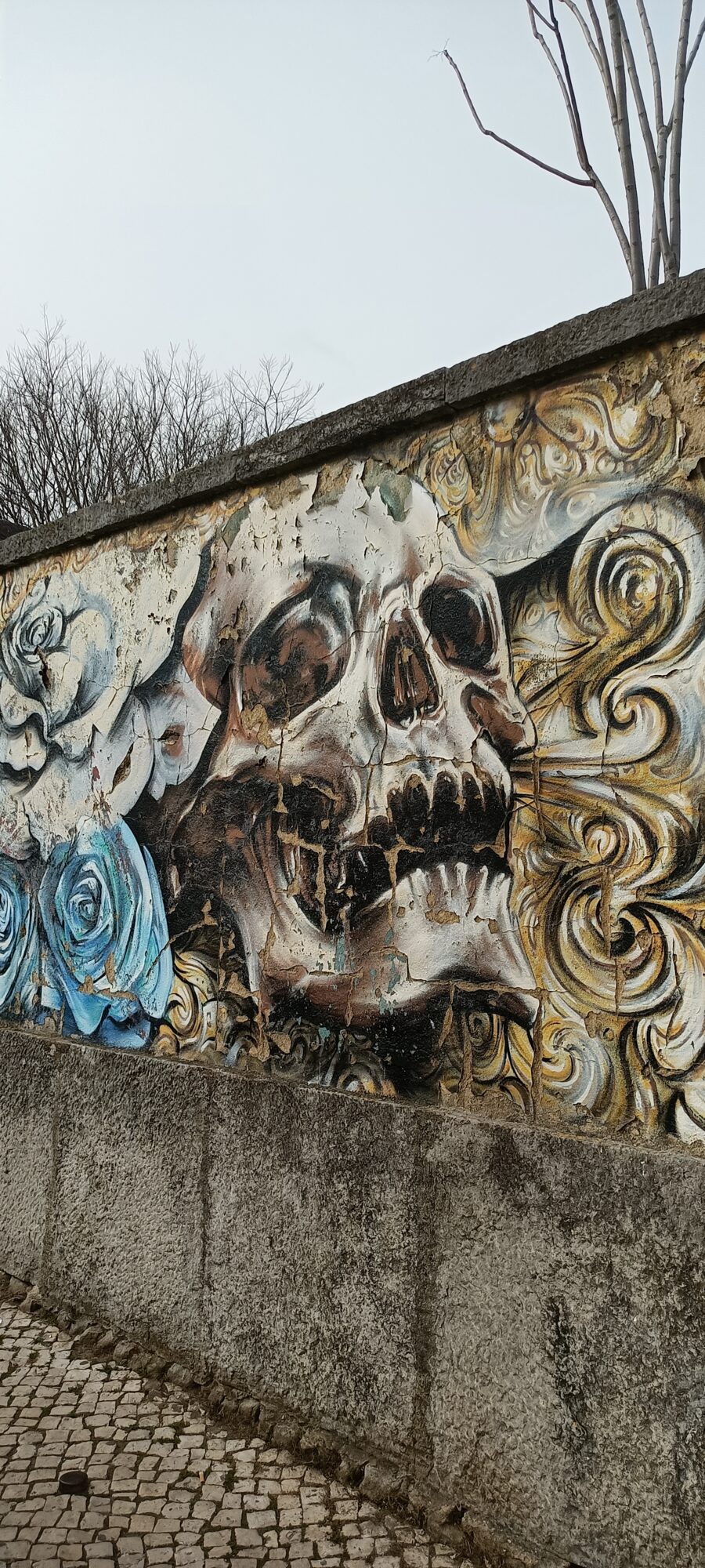 Crâne aux roses bleues et volutes dorées — Street art à Lisboa