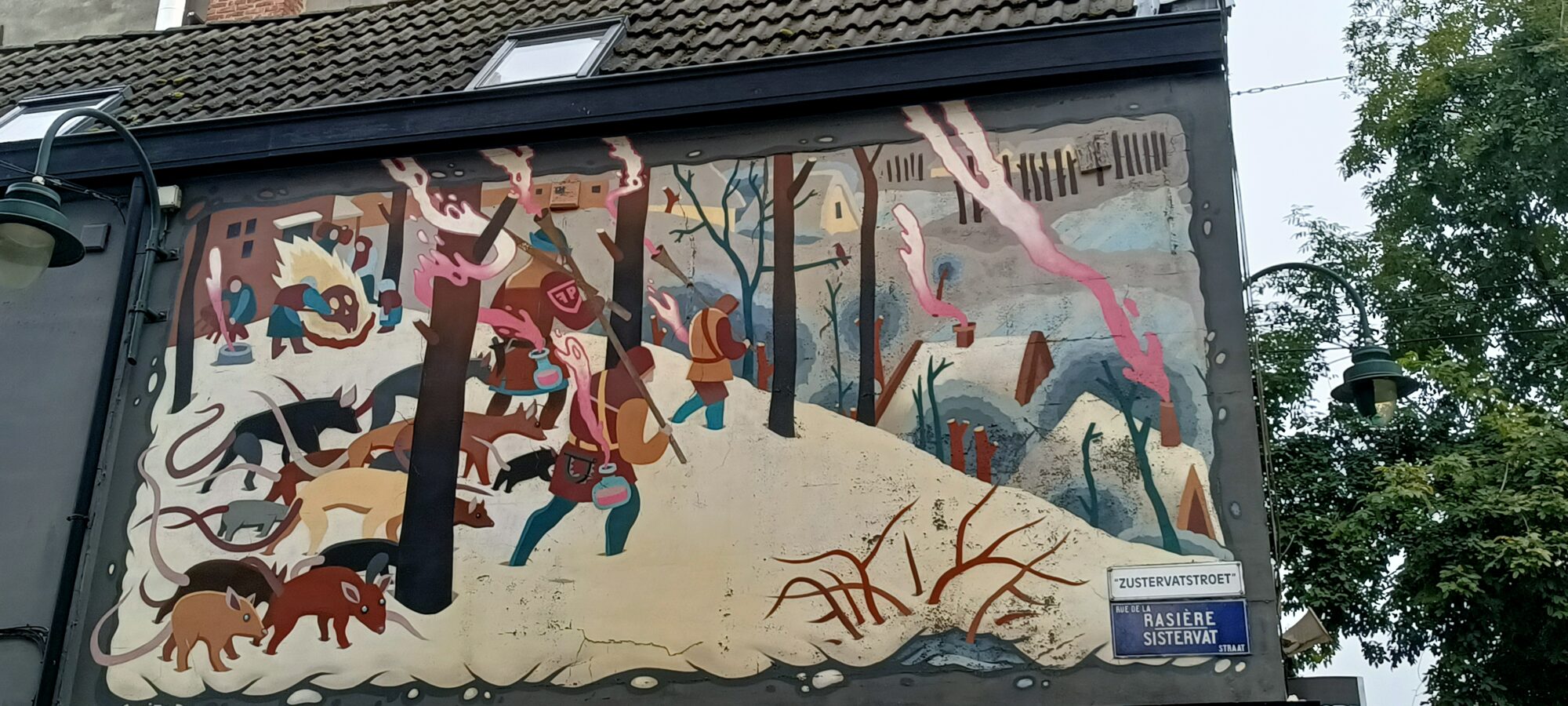 Chasseurs dans la neige par Guillaume Desmarets — Street art de Guillaume Desmarets à Bruxelles