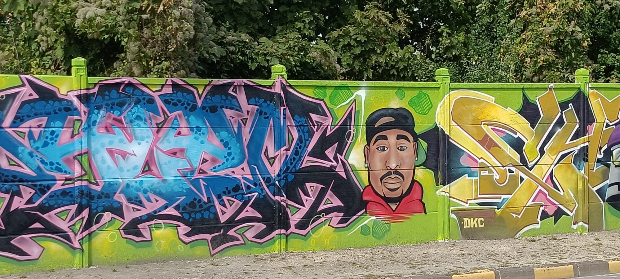 Portrait de 2Pac et lettrage bleu et rose — Street art à Reims