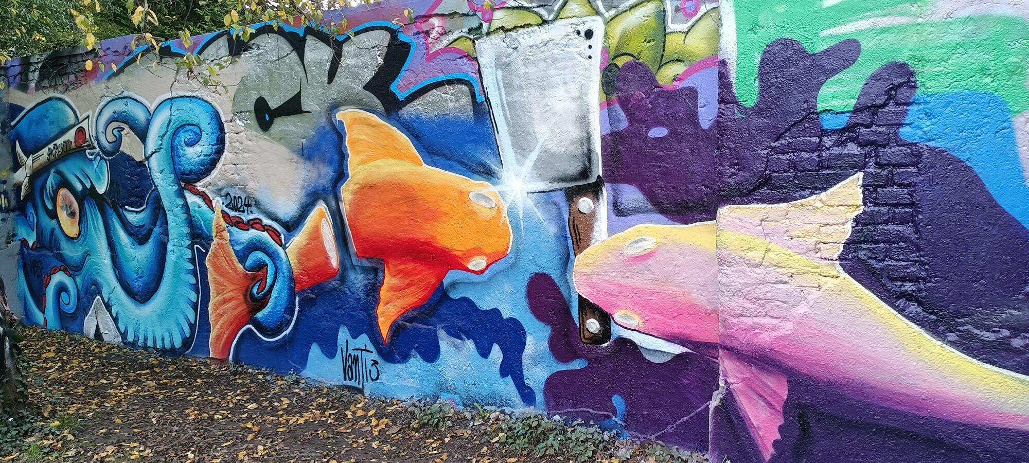 Goldfish and top-hatted octopus — Street art in Düsseldorf