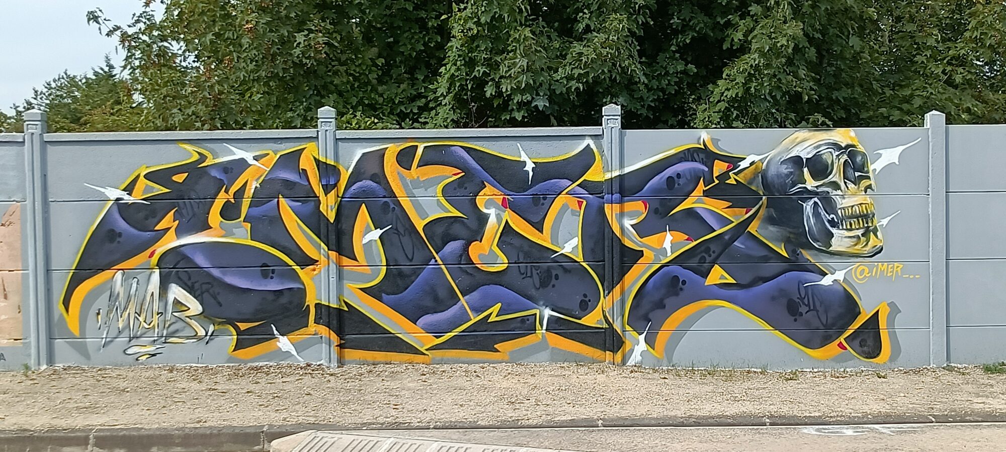 Midnight Blue Lettering and Golden Skull by iMer — Street art in Reims