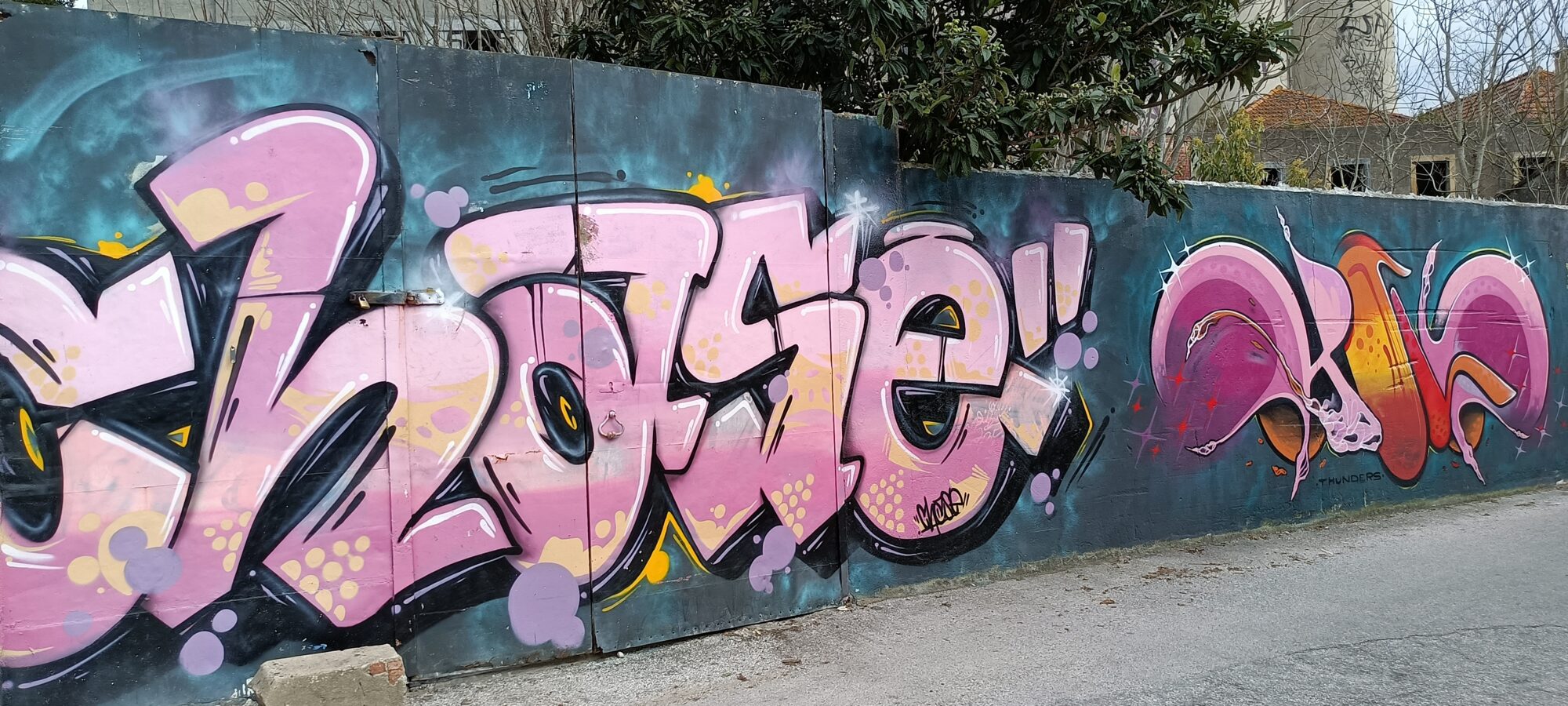 Pink Bubble Letters on Turquoise — Street art in Almada