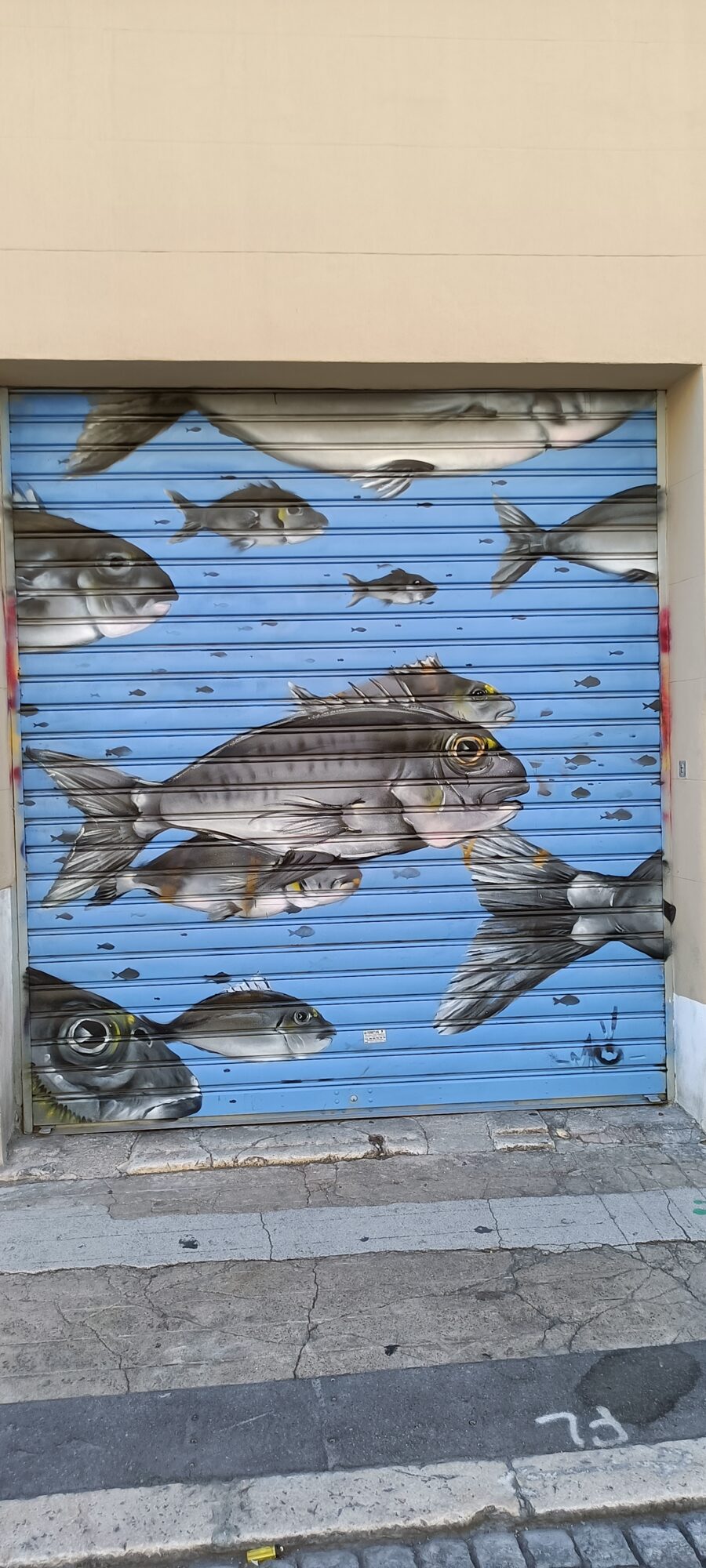 Shoal of sea bream on a blue shutter — Street art in Marseille