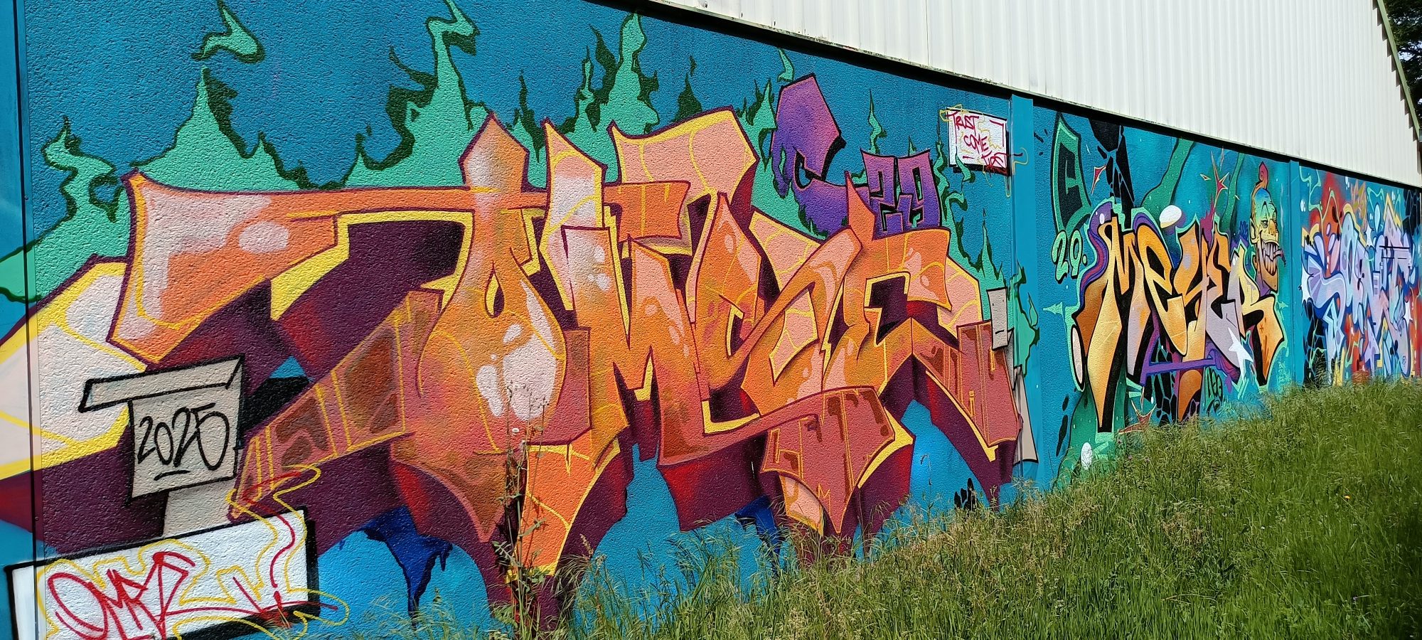 Lettrage orange aux flammes vertes — Street art à Sainte-Luce-sur-Loire